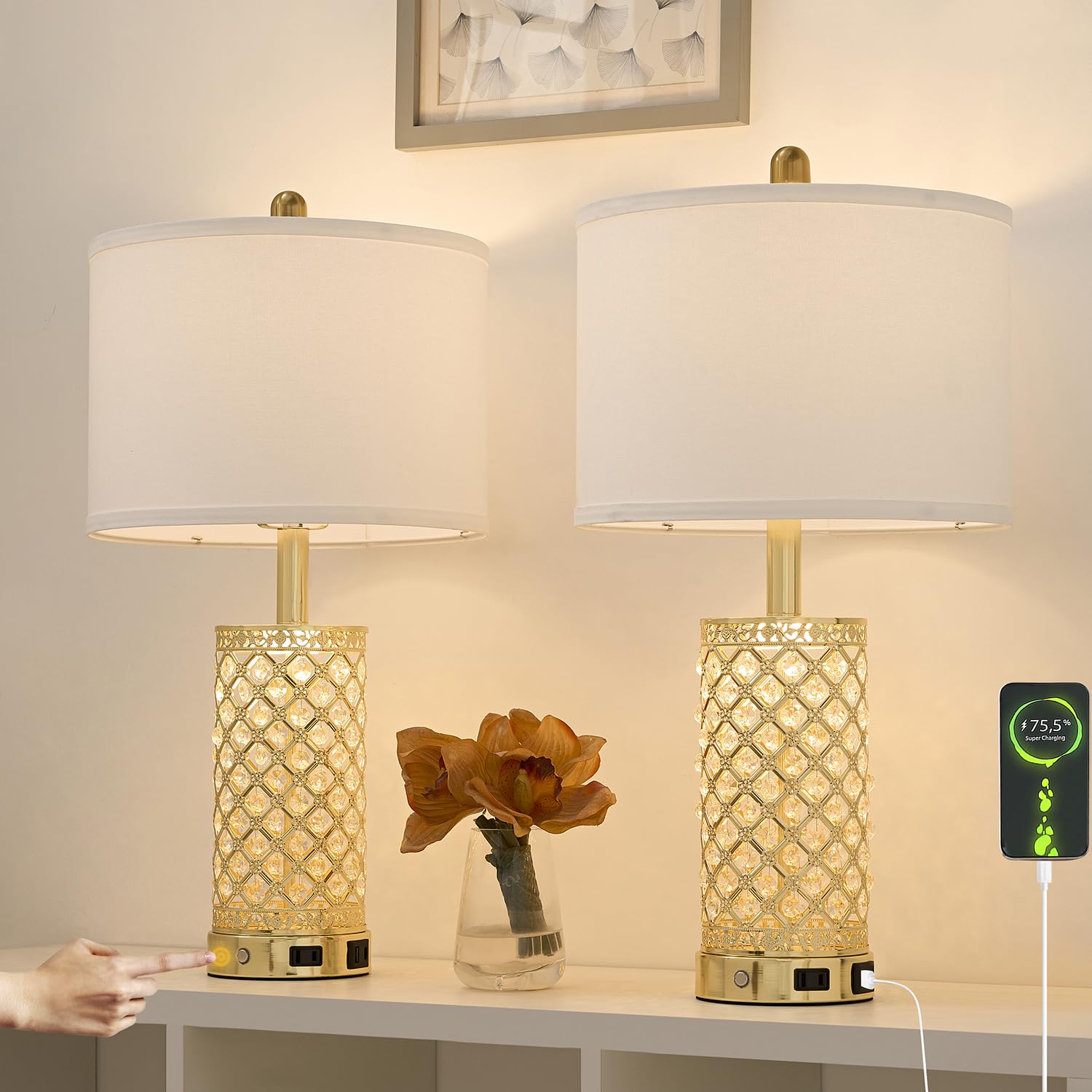 Saiweya 24" Modern Crystal Table Lamp Set Of 2-Gold Bedroom Lamps 3-Way Dimmable Touch Lamp With Night Light, 2 Usb Ports + Ac Outlet Bedside Night Stand Lamp For Living Room Office (Gold-2 Pack)