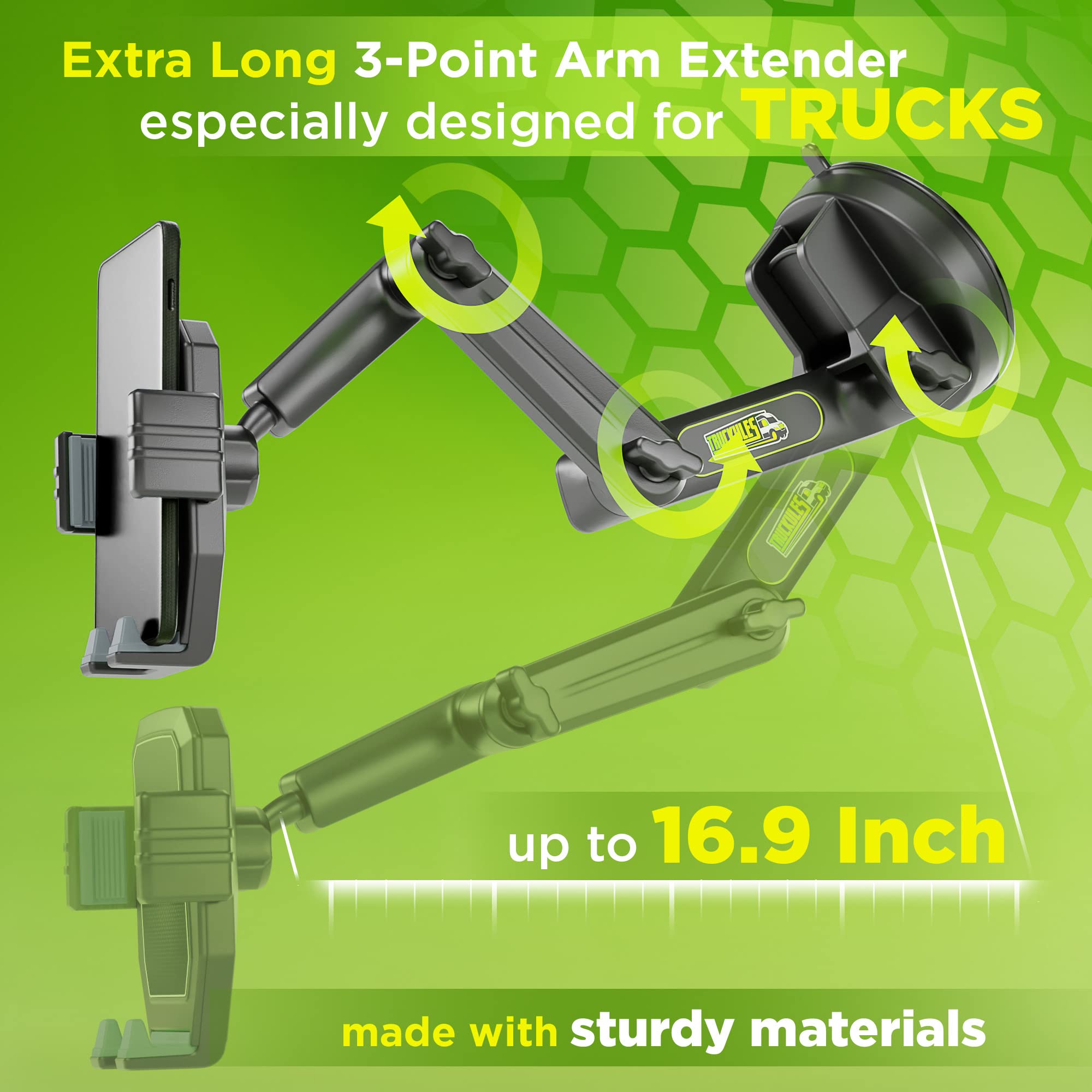 Truckules Phone Mount For Truck Phone Holder For Truck - Heavy Duty Super Suction Cup, Mobile Device Holder Dashboard Window 16.9 Inch Long Arm & Stable, Iphone & Samsung Compatible, Commercial Trucker, Gray