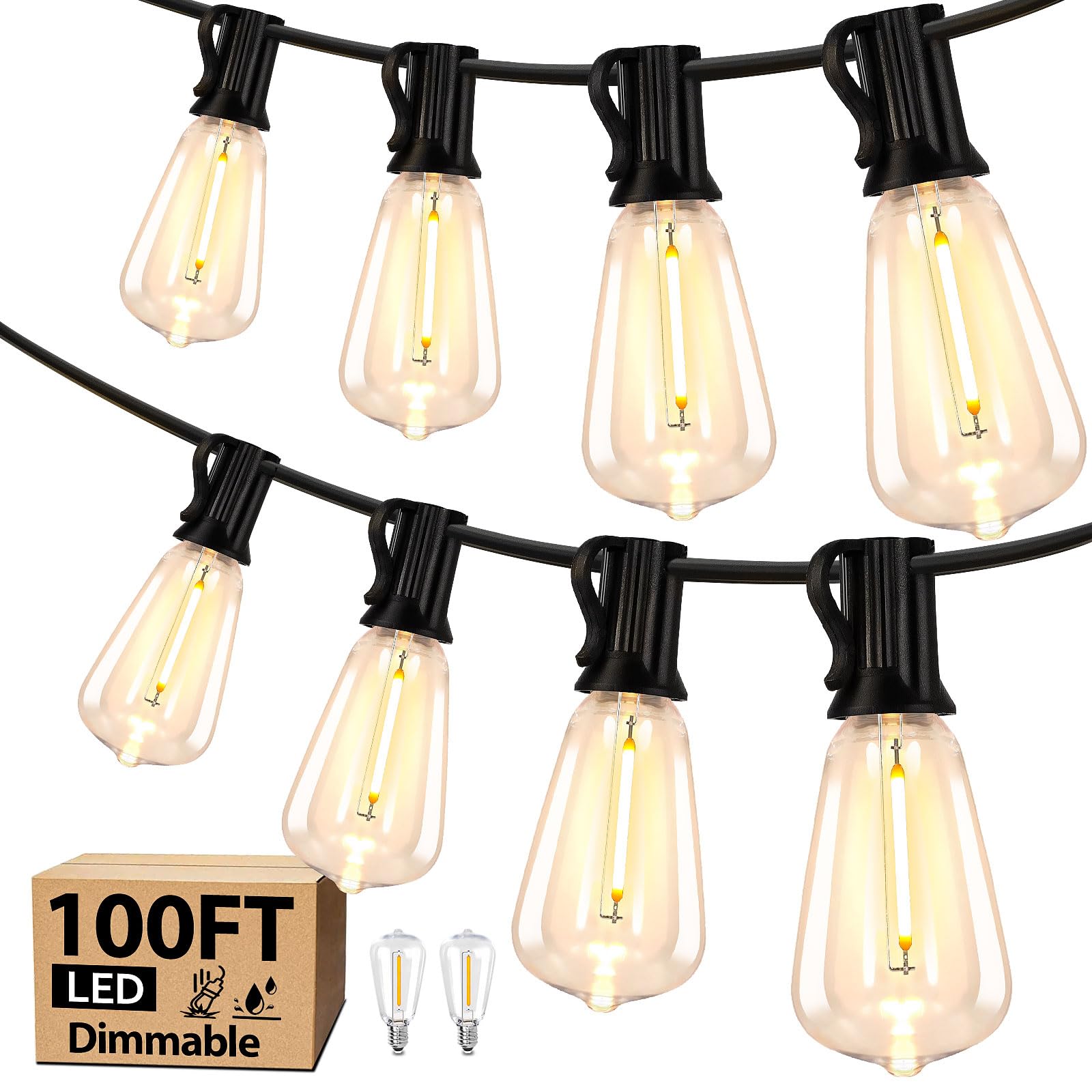 Kondras 100Ft Led Outdoor String Lights, Waterproof Outside Patio String Light With 52 Dimmable St38 Edison Bulbs, Connectable Hanging Lights For Yard Porch
