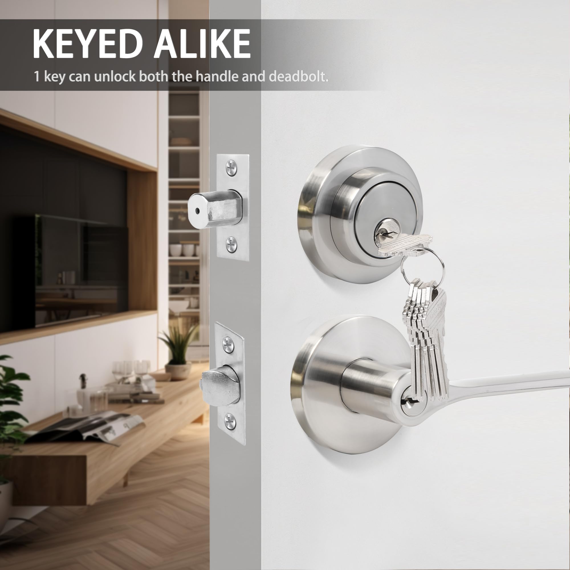 Zevaway Keyed Alike Front Door Handle And Deadbolt Set, Round Heavy Duty Door Handle With Deadbolt Lock, Silver, 1 Pack
