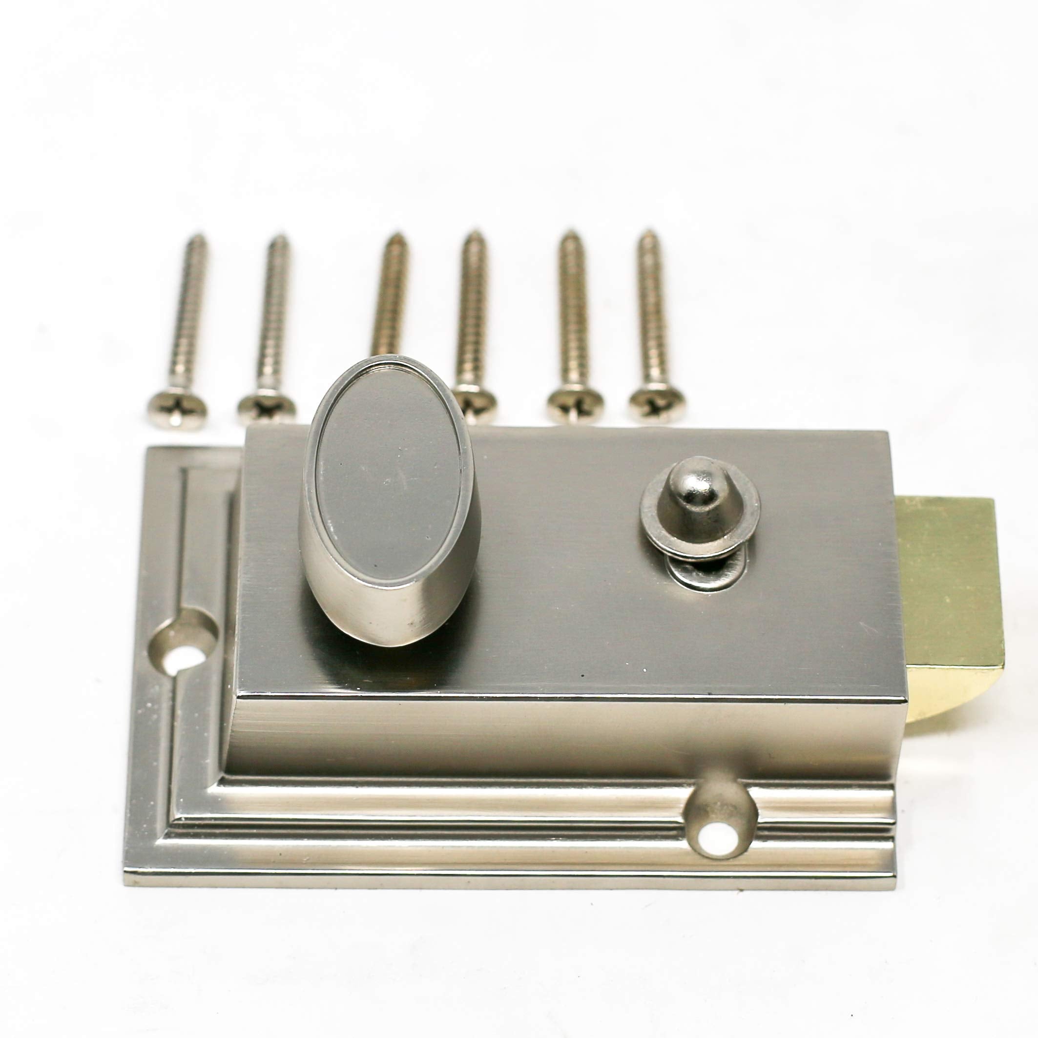 Defiant Satin Nickel Deadbolt Lock With Night Latch, Holdback Button Single Cylinder Rim And Two Keys - Heavy Duty Defender Security Door Lock Hardware