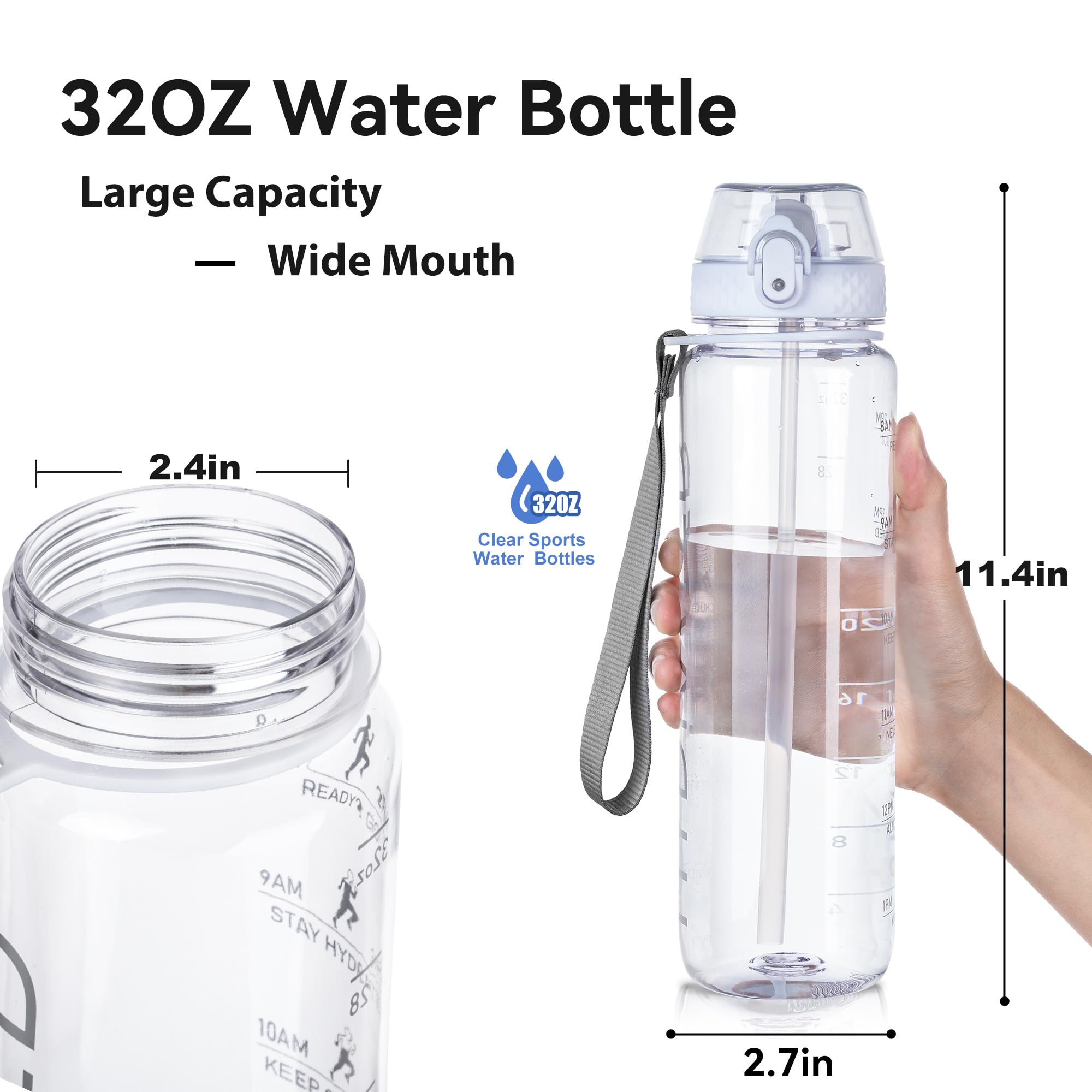 Goppus Clear Water Bottle With Straw 32Oz Clear Sports Water Bottles Motivational With Time Marker
