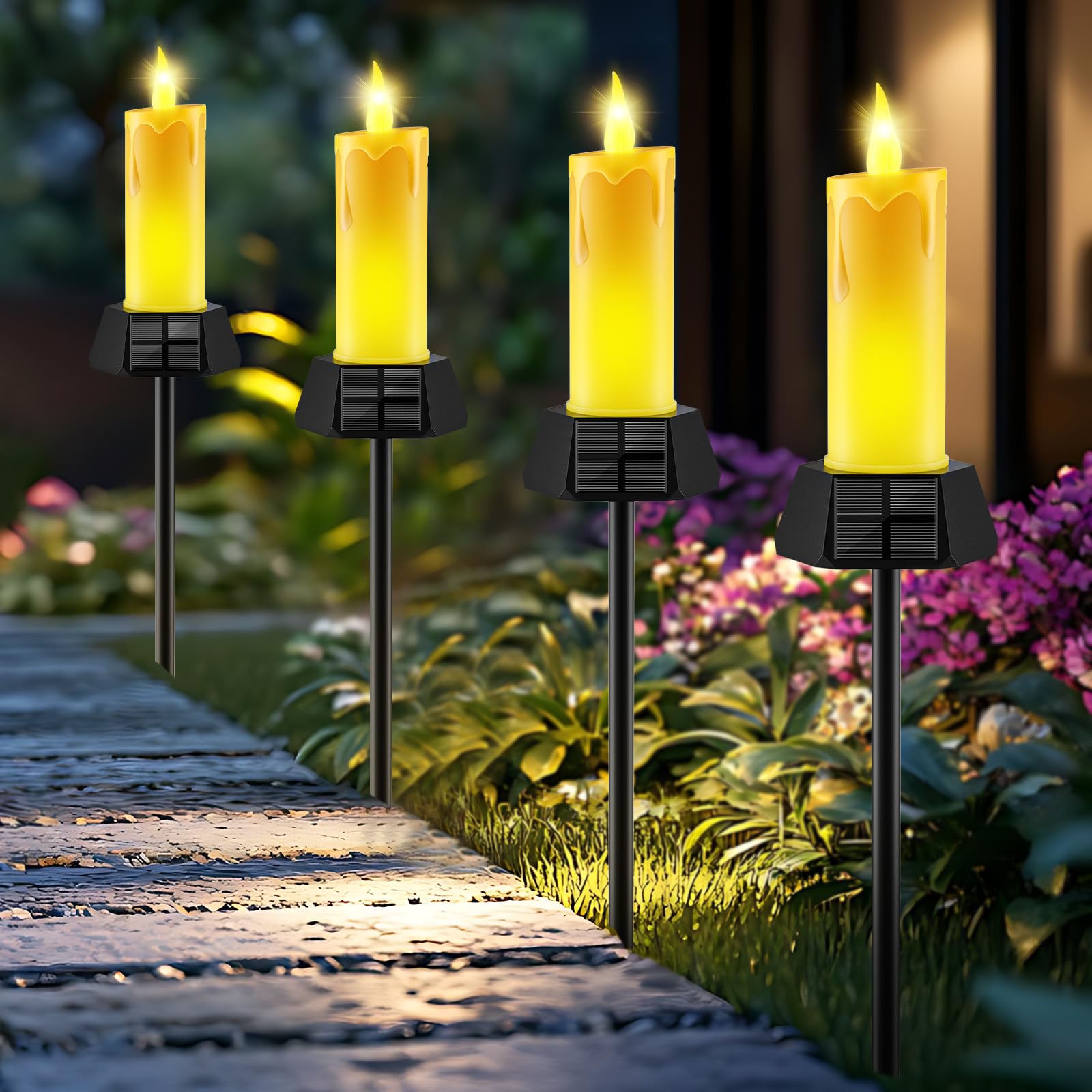 Gileolant Solar Lights Outdoor Waterproof, Electric Led Flameless Candles With 3 Solar Panels, Solar Pathway Lights For Garden Yard Home Outdoor Party Camping Decorations, 4 Pack