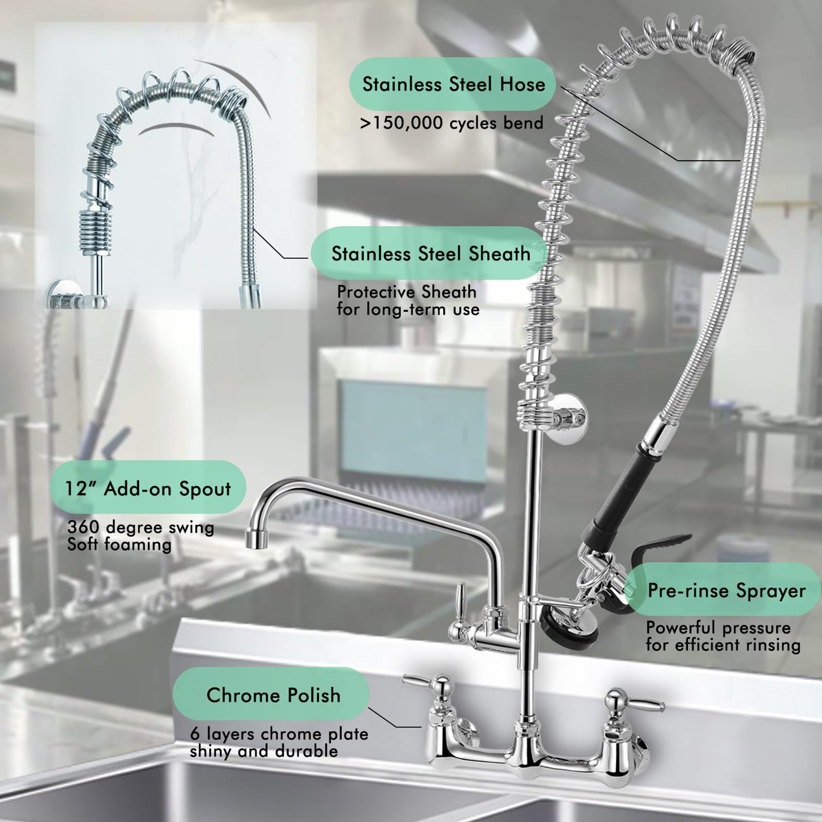 Golrean Commercial Sink Faucet With Pre Rinse Sprayer, Wall Mount Kitchen Faucet For 3 Compartment Sink, 36" Height, 8 Inch Restaurant Commercial Faucet With 12’’ Spout, Brass, Industrial