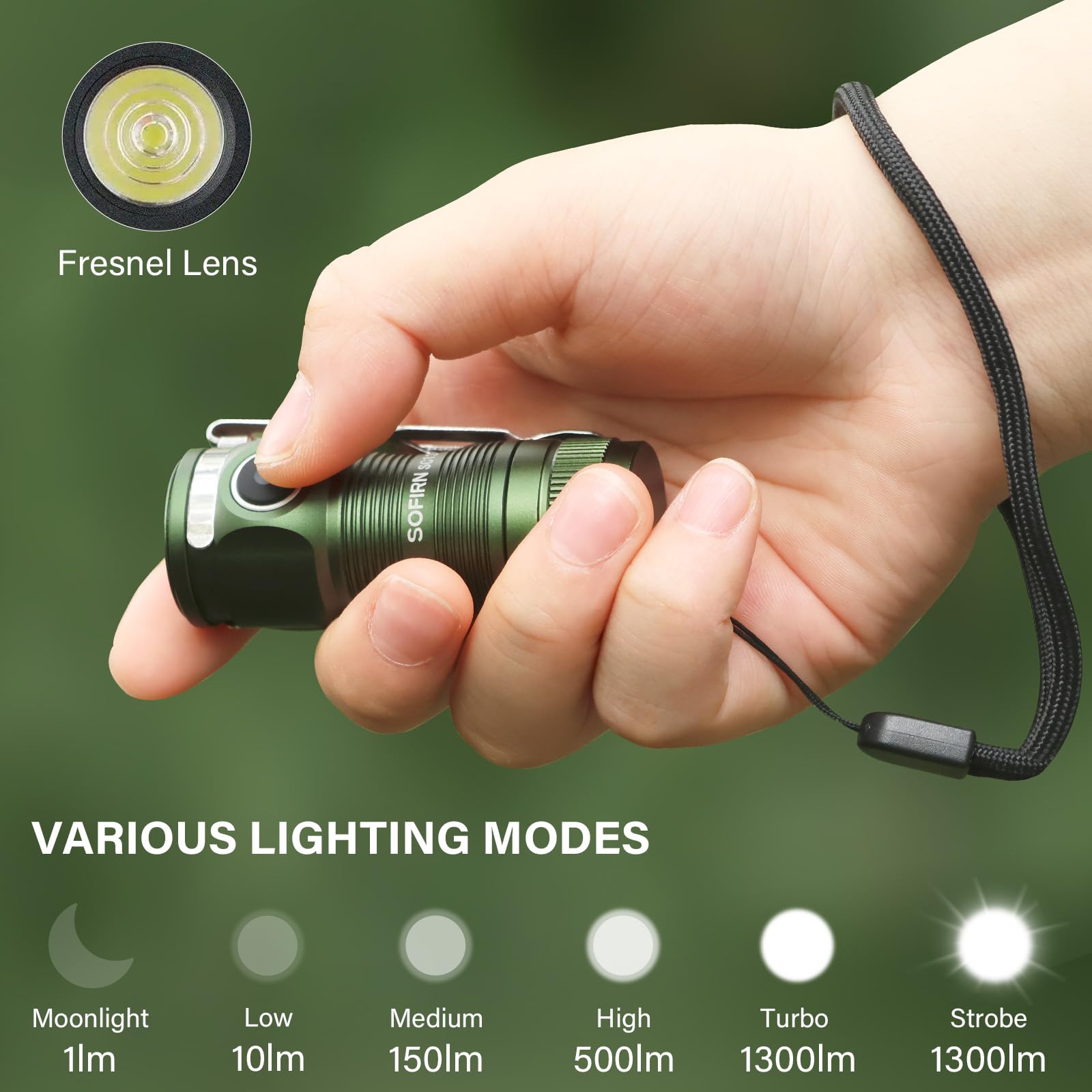 Sofirn Sc13 Small Rechargeable Flashlight Bright 1300 Lumens Black Bundle Green