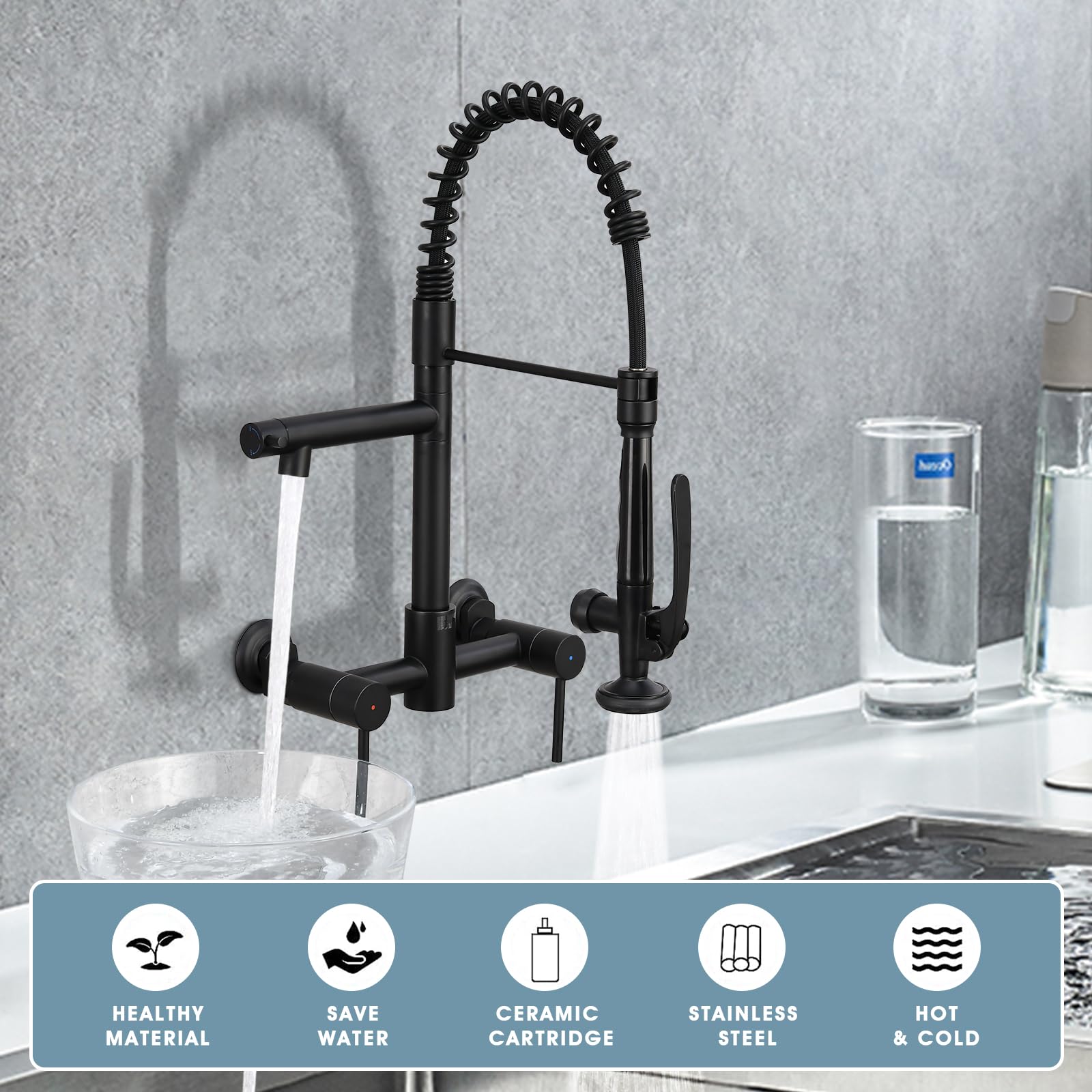Demiinus Wall Mount Kitchen Faucet With Pull Down Sprayer, 8 Inch Center Kitchen Sink Faucet, Heavy-Duty Commercial Wall Mount Faucets, 2 Handle Faucet For Kitchen Sink, Matte Black