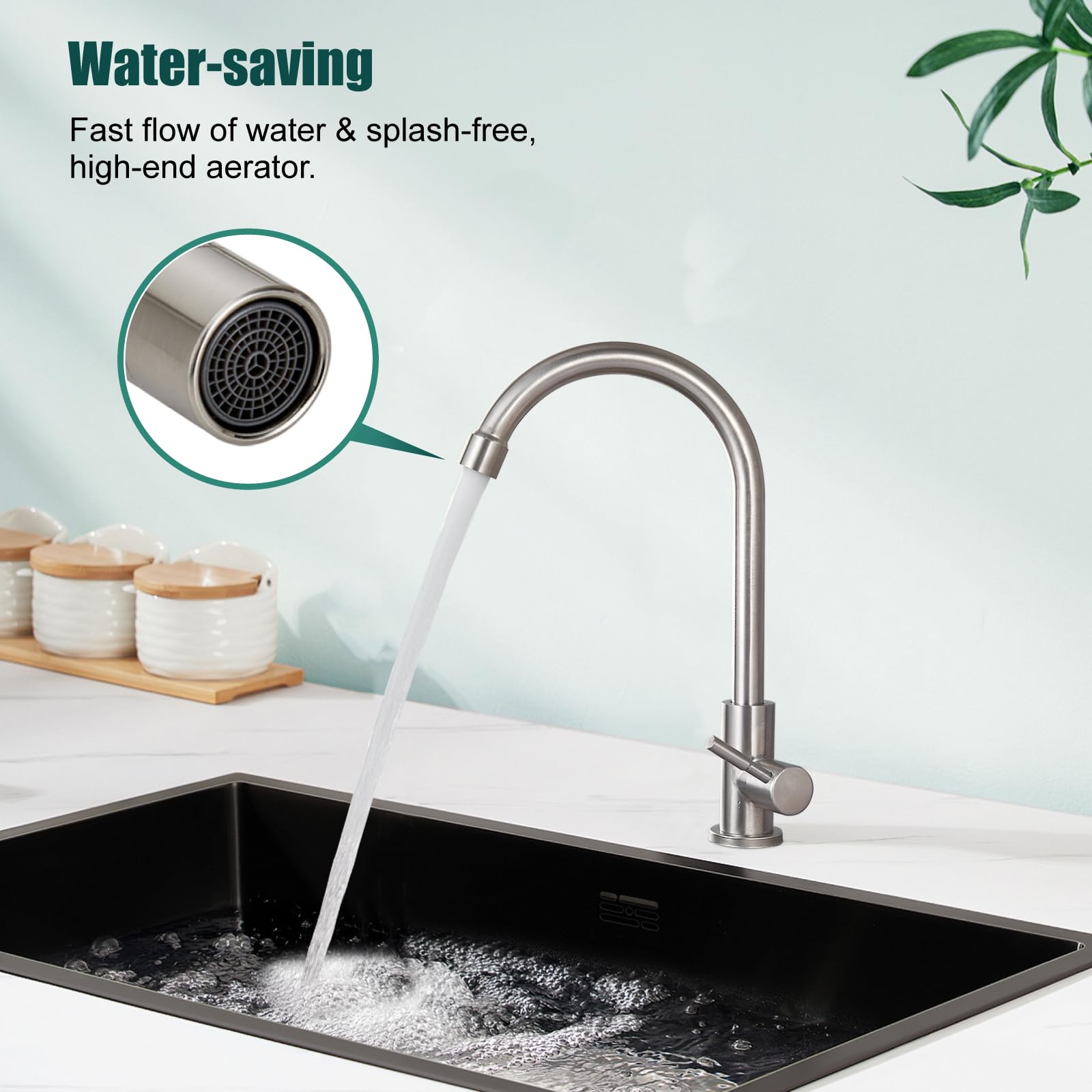 Heyalan Brushed Nickel Kitchen Faucet Cold Water Only 1 Hole Single Handle 360 Degree Swivel Spout Deck Mount High Arc Sus304 Sink Bar Tap Goose Neck With Hose And Longer Thread Pipe