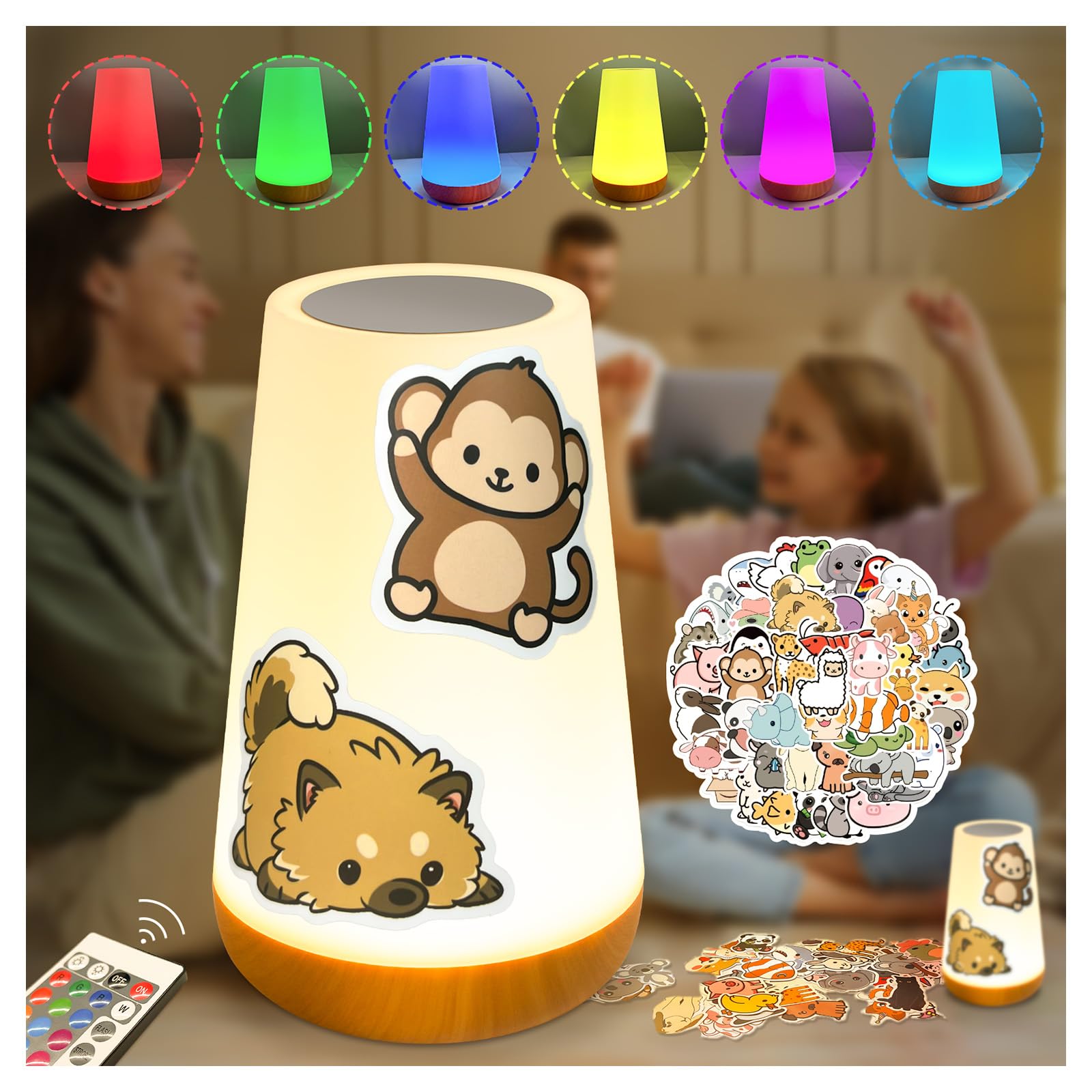 Boonbery Night Light For Kids, Dimmable Portable Table Bedside Lamp With Remote Control Animal Stickers, 13 Color Changing 5 Brightness, Rechargeable Desk Lamp For Kids Adult Bedroom Living Room Baby Nursery