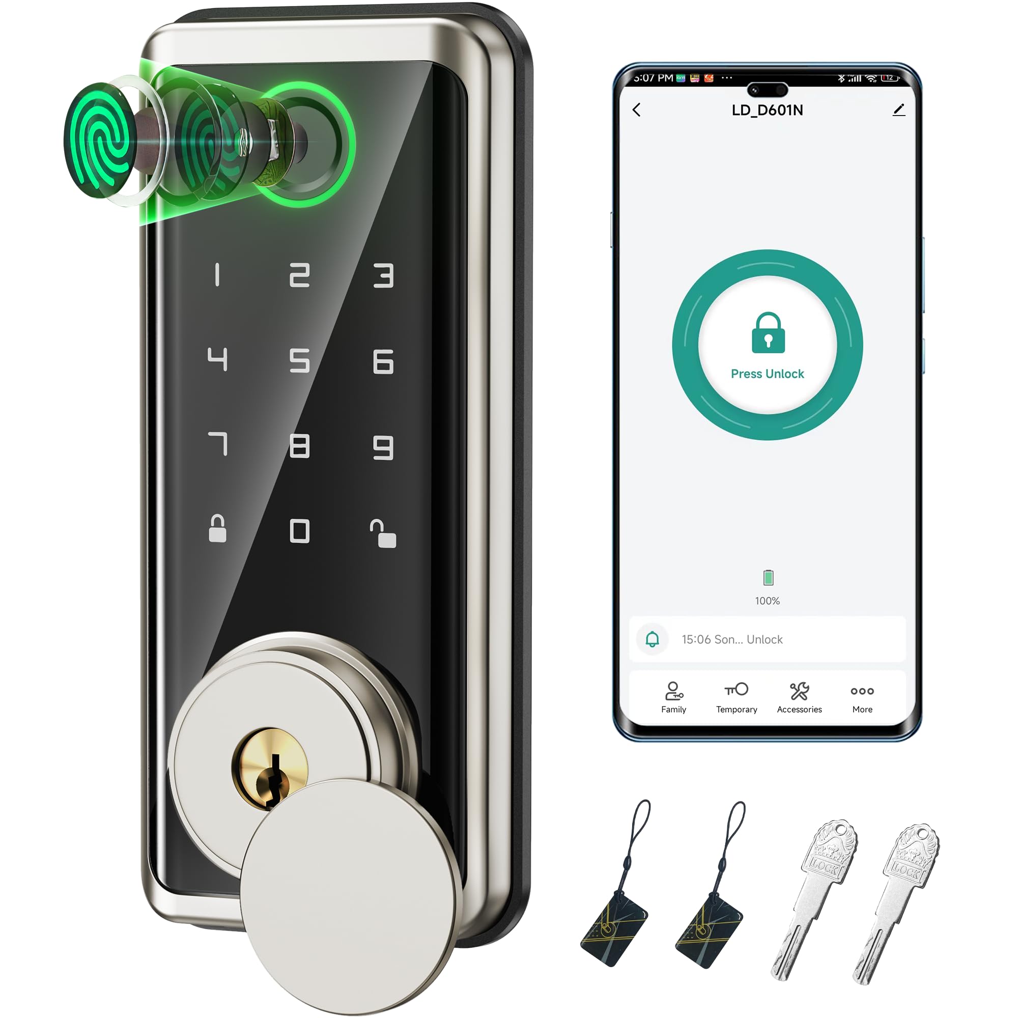 Sophia Keyless Entry Door Lock, Smart Auto Locks For Front Door & Key Fobs & Remote Control, Keypad Deadbolt Digital, Fingerprint Door Lock With Code, Cerraduras Inteligentes, Ip68, Satin Nickel