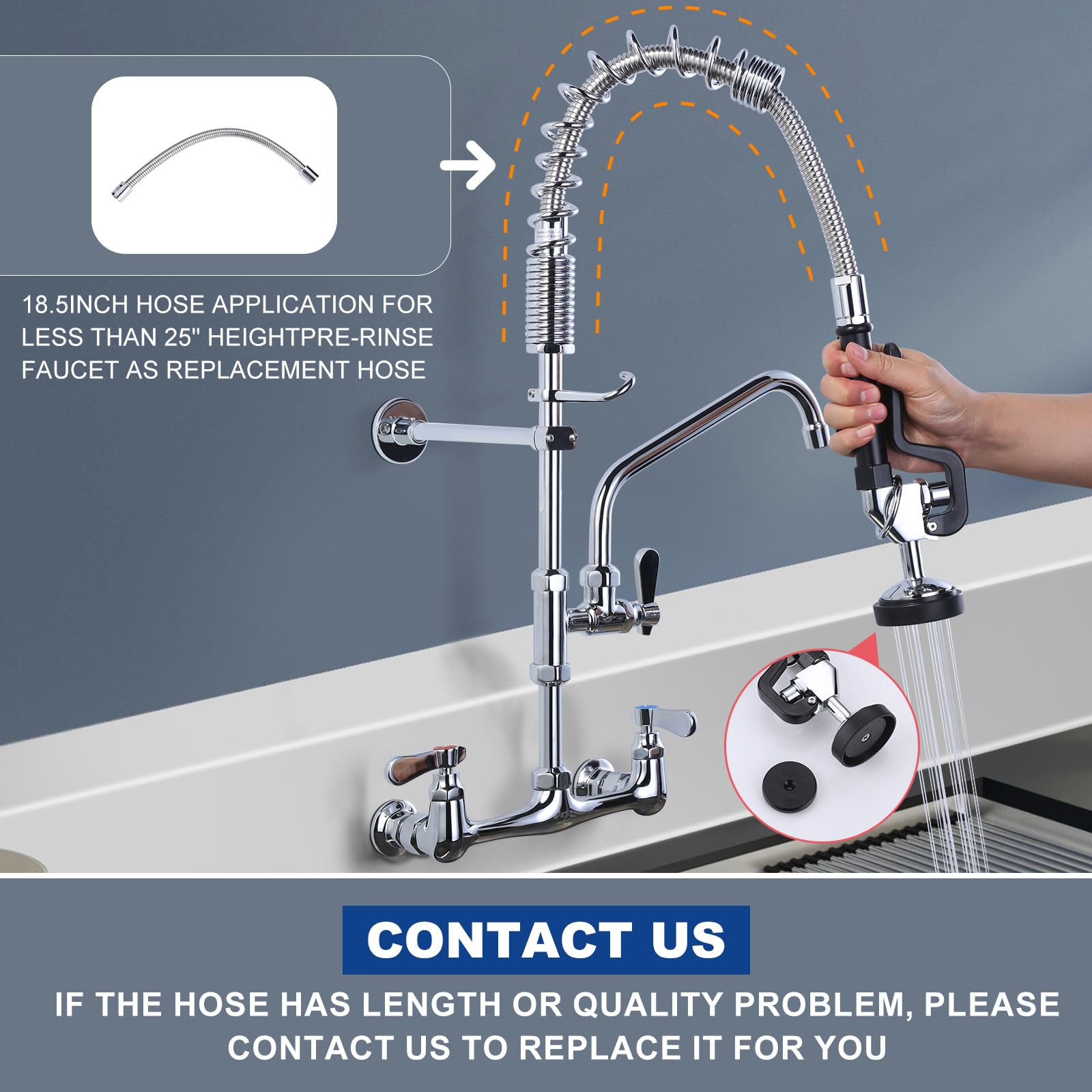 Iviga Commercial Kitchen Faucet Wall Mount With Pre-Rinse Sprayer 8 Inch Center Wall Mount Kitchen Sink Faucet With 9.6" Add-On Swing Spout 25" Height Faucet With Pull Down Spray
