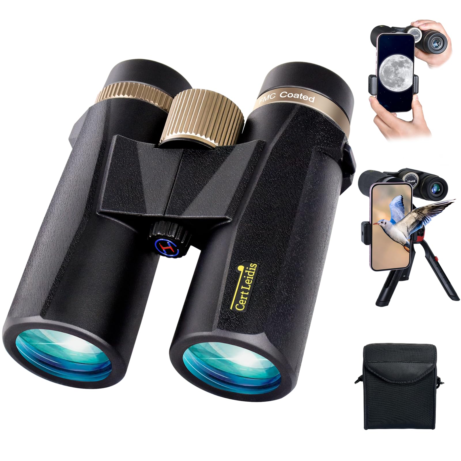 Cert Leidis 10X42 Hd Binoculars For Adults High Powered With Phone Adapter And Tripod, Super Bright Bak4 Prism Waterproof Compact Binoculars For Bird Watching Hunting Stargazing Hiking Cruise Travel