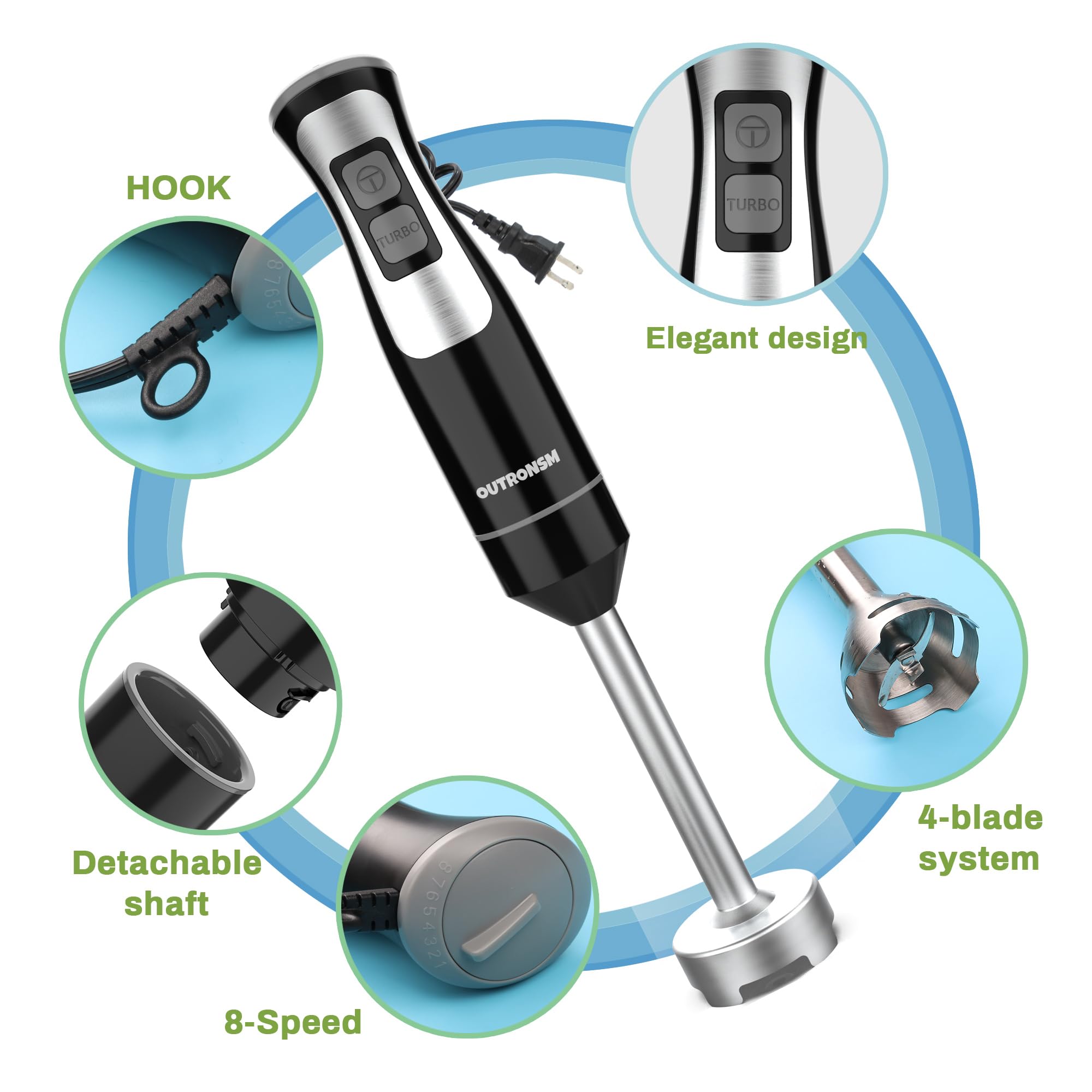 Outronsm Immersion Blender Handheld, Hand Blender With 500Ml Food Chopper, 600Ml Container, Milk Frother, Egg Whisk, Puree Infant Food, Smoothies, Sauces And Soups – Black