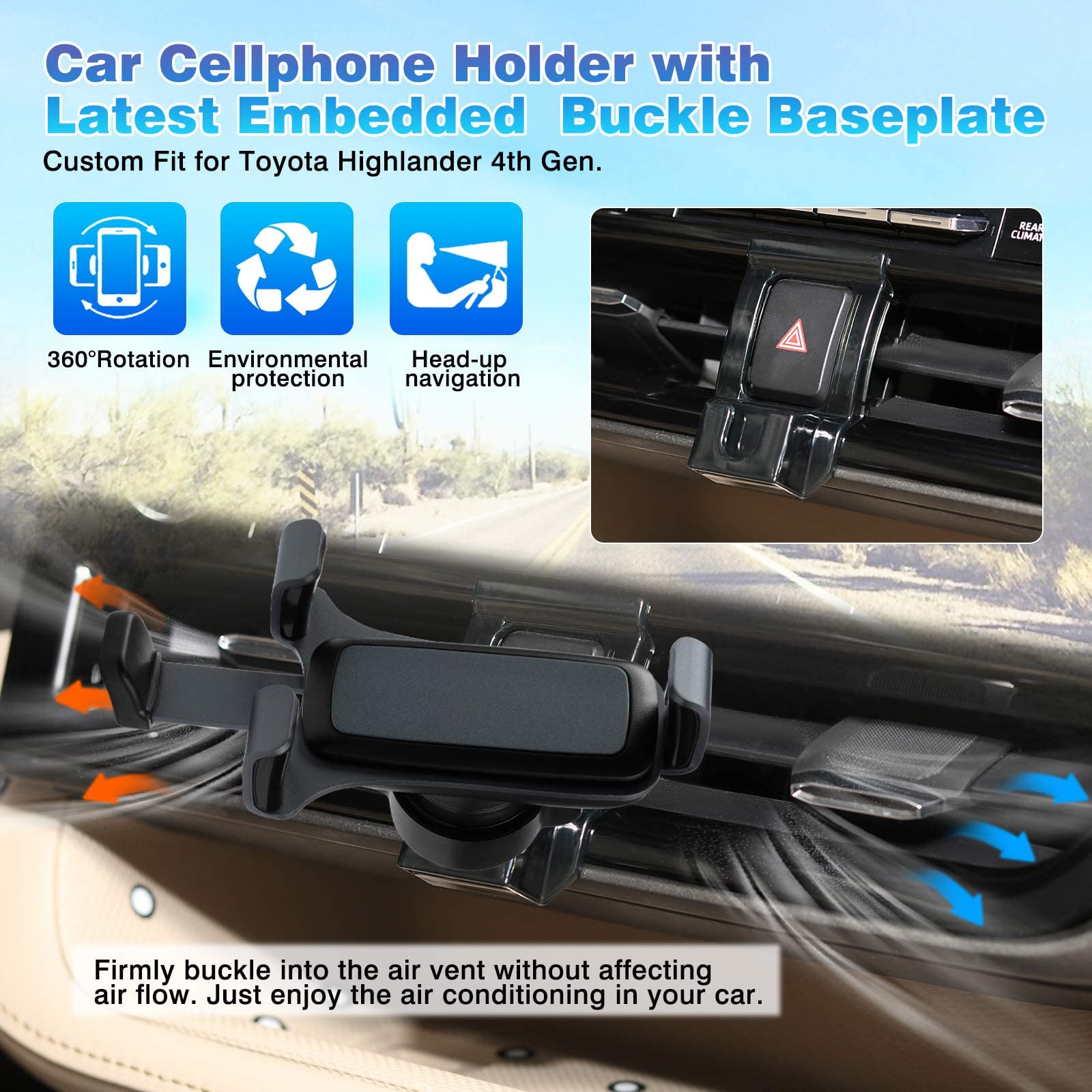 Sunsdrew Car Phone Holder For  -2020 Toyota Highlander Accessories Air Vent Cell Phone Holder Hands Thick Case Friendly Phone Mount Holder For 4-7 Inch Phone Stand (Not For Platinum)