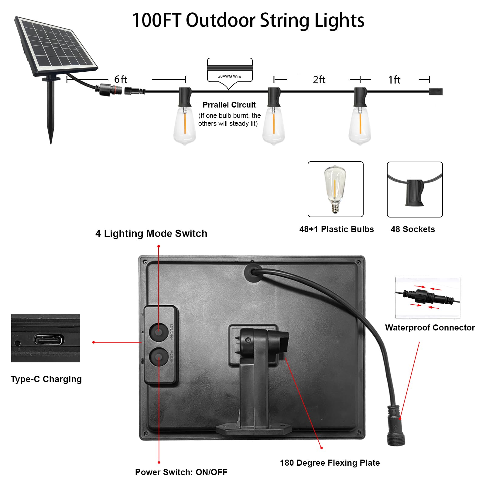 Banord St38 Solar String Lights, 100Ft Solar Outdoor Lights With 49 Shatterproof Led Bulbs, Outdoor Hanging String Lights Waterproof Patio Lights For Outside, Backyard, Porch, Garden, Party, Camping