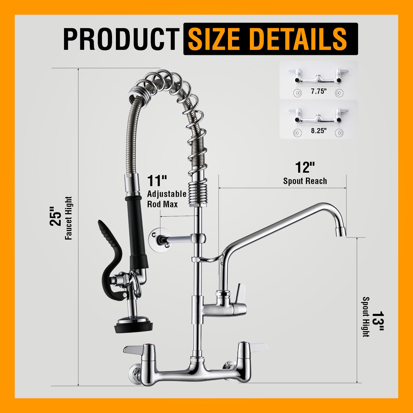 Gimili Commercial Kitchen Faucet Wall Mount With Pre-Rinse Sprayer 8 Inch Center Wall Mount Kitchen Sink Faucet Swing Spout 25" Height Faucet With Pull Down Spray