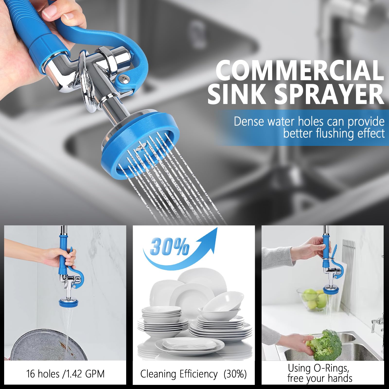 Bzimak 43" Commercial Sink Faucet,Commercial Faucet With Pre-Rinse Sprayer, 8" Adjustable Center & 360° 12Inch Swing Spout, Wall Mount C Ommercial Kitchen Fa Ucet With Sprayer For 1/2/3 Compartment Sink