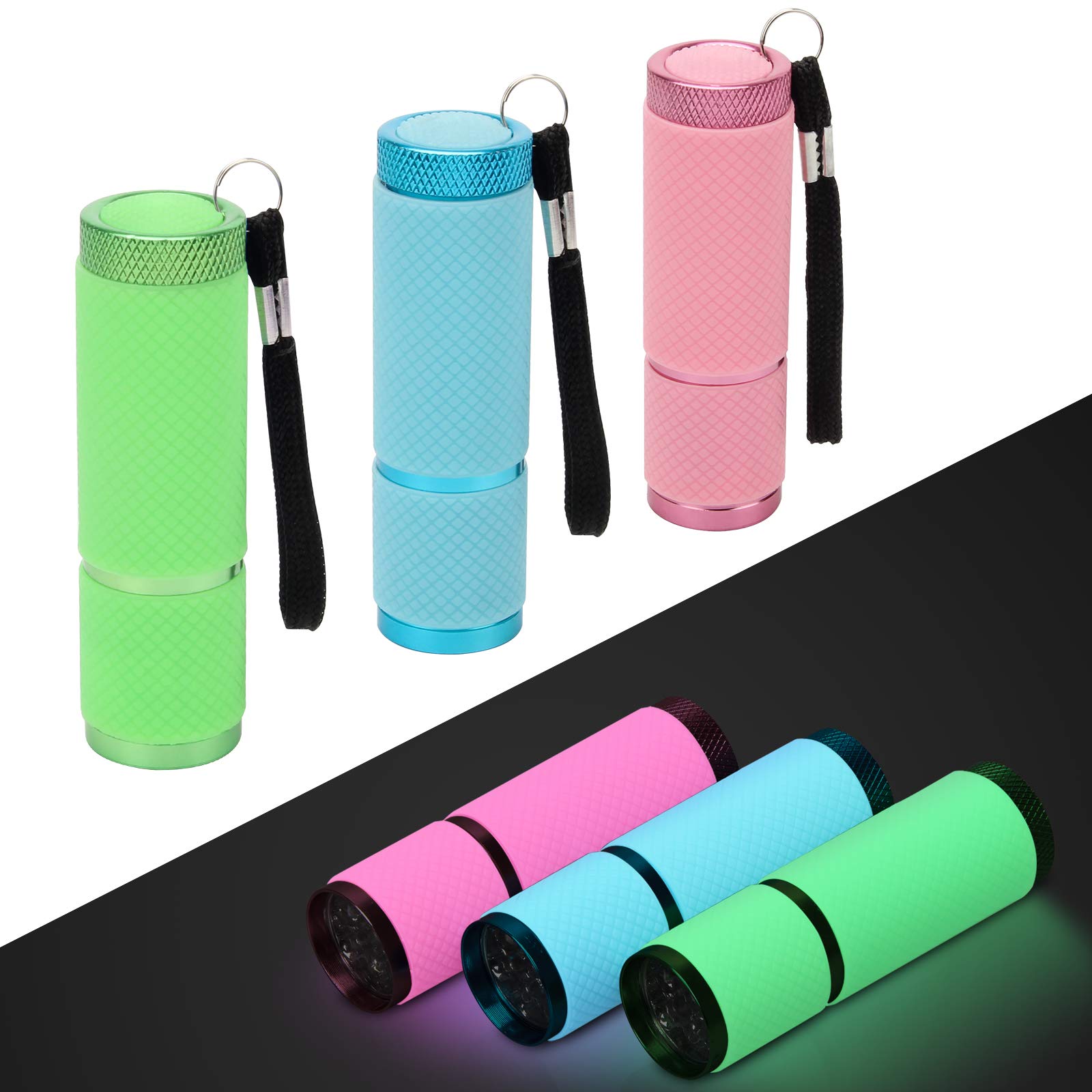 Ahier 9 Led Glow In Dark Flashlights, Rubber Coated Small Flashlights With Straps, Portable Handy Lights For Camping, Hiking, Indoor, Assorted Colors (3 Colors 6 Pcs)