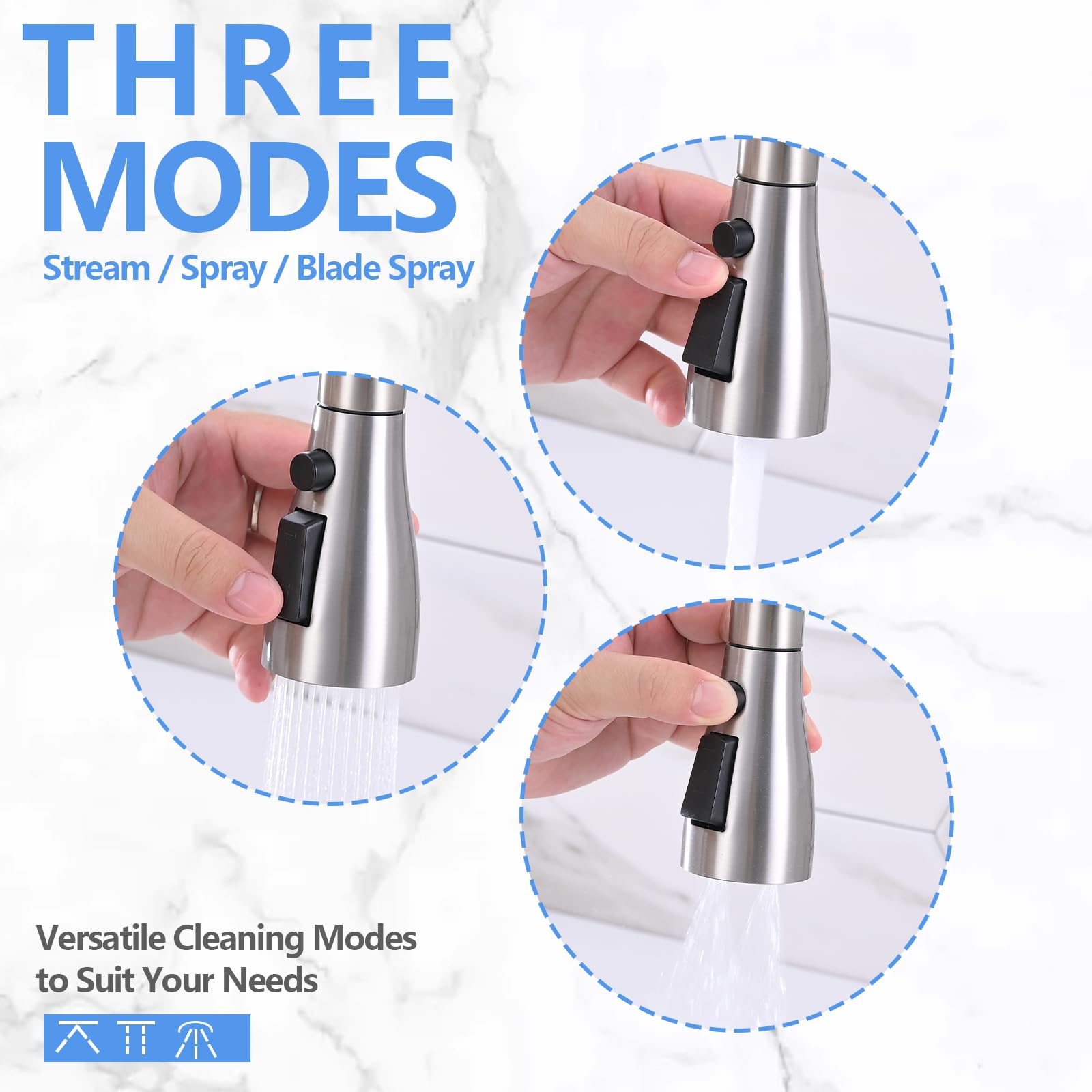 Dlymtrx Kitchen Faucet Head Replacement With 9 Adapters, 3-Function Spray Nozzle, Pull-Down Sink Sprayer Compatible With Delta, Kohler, Moen Faucets, Brushed Nickel