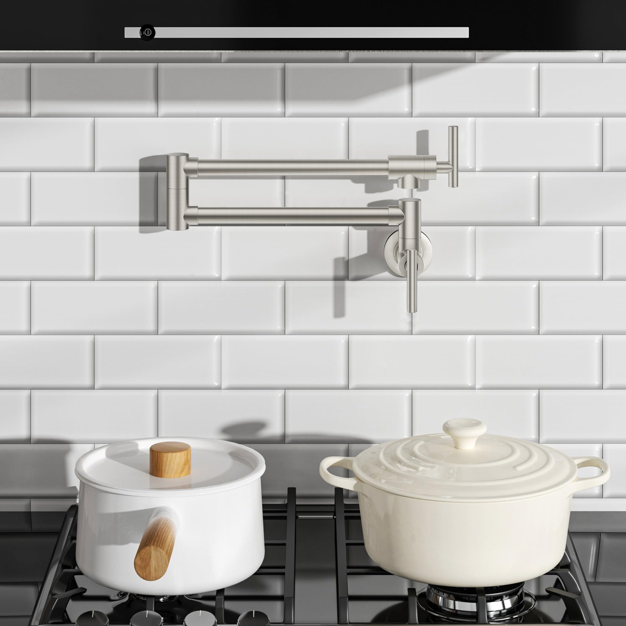 Forious Brushed Nickel Pot Filler Faucet Over Stove, Solid Brass Modern Wall Mount Commercial Folding Faucet With Stretchable Double Joint Swing Arms For Kitchen Restaurant