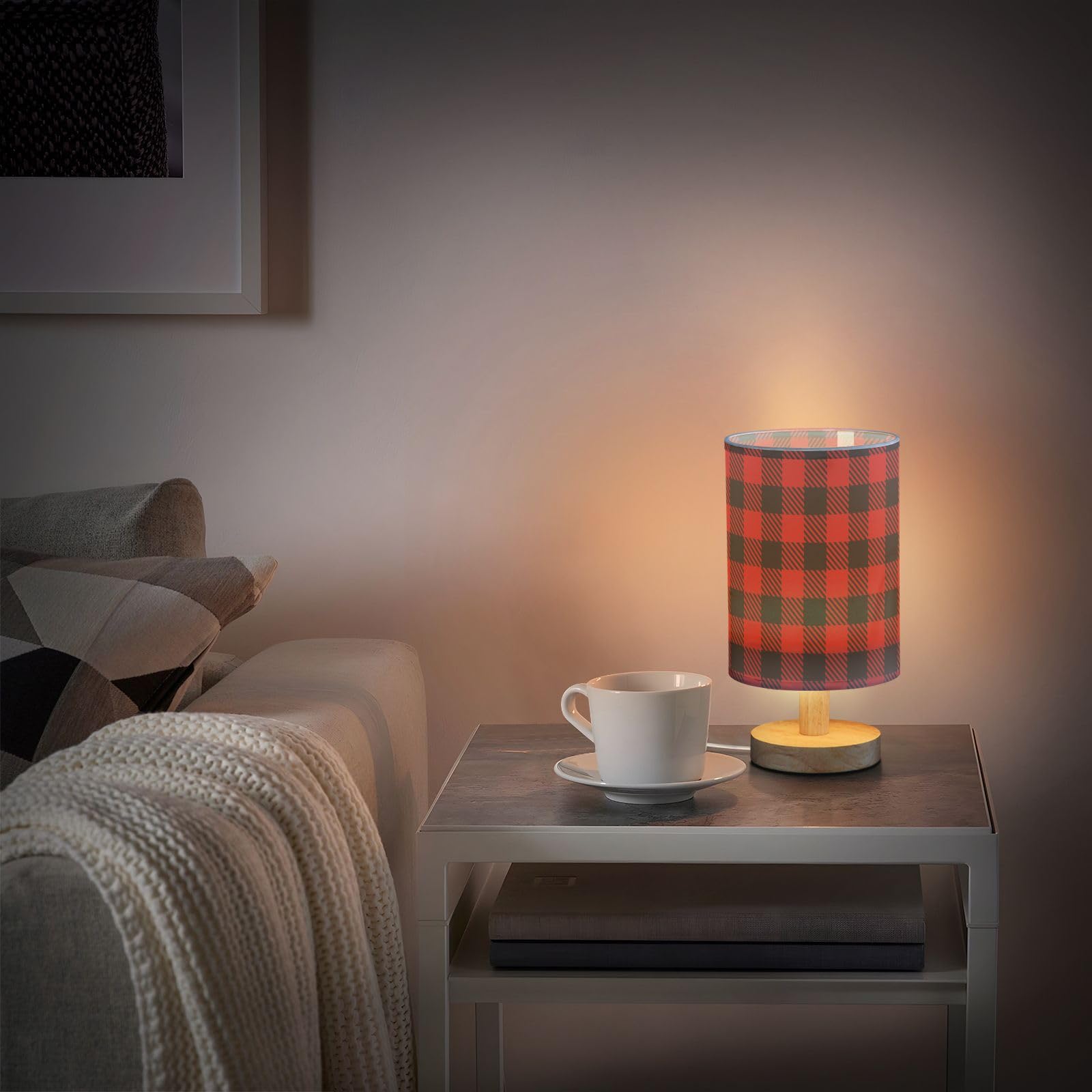 Domiking Black Red Buffalo Plaid Check Bedside Table Lamp For Bedroom Fabric Linen Lampshade Nightstand Lamp Desk Light Lamps For Home Dorm Office 5.12X9.7In