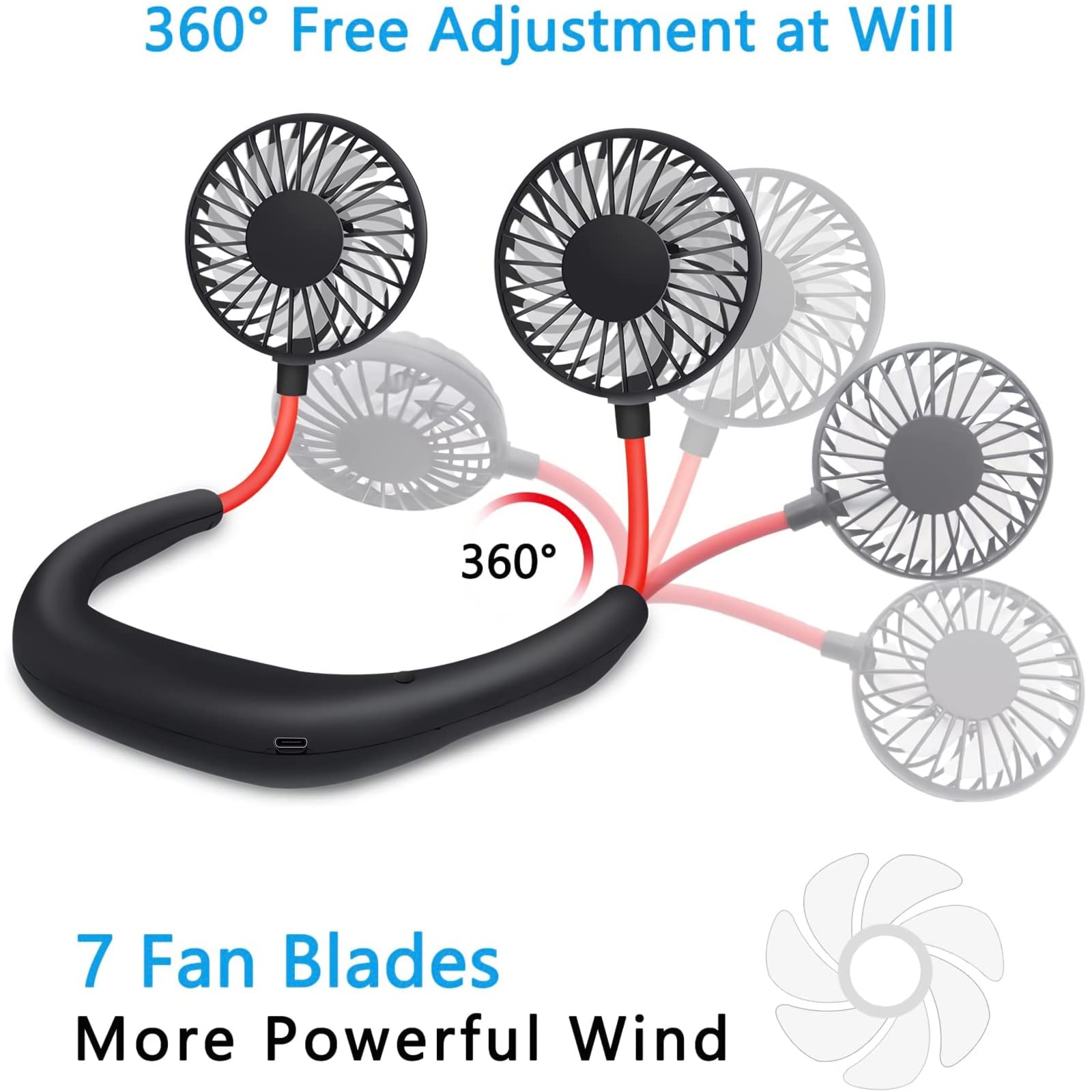 Portable Neck Fan Rechargeable Usb Hands-Free Fan Personal 360° Double Headed Free Rotation 3 Speed