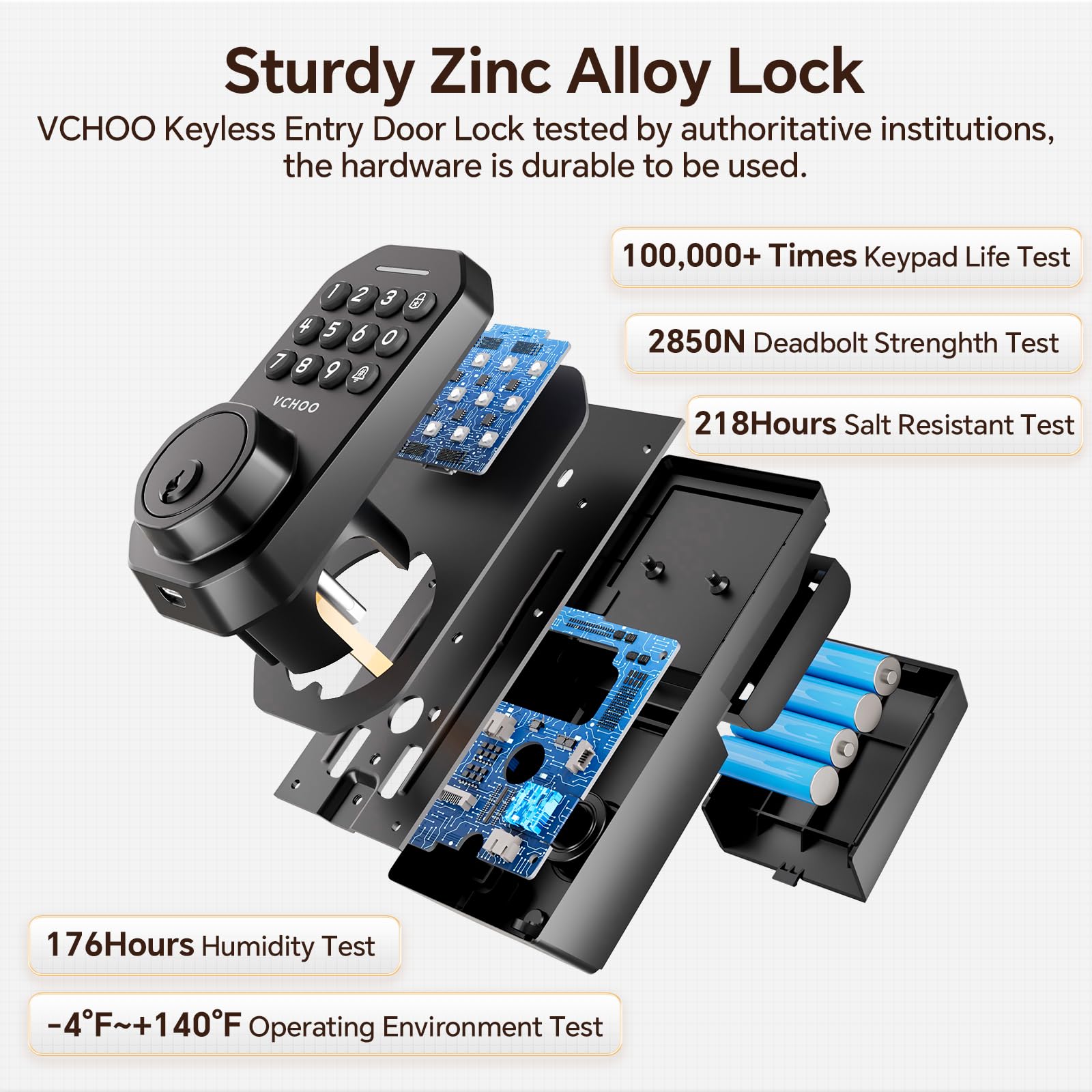 Vchoo Keyless Entry Door Lock With Handle Wi-Fi Door Locks For Front Door Anti-Peeping Password App Control Smart Door Lock For Homes Hotel Bedroom Doors With 2 Door Knobs