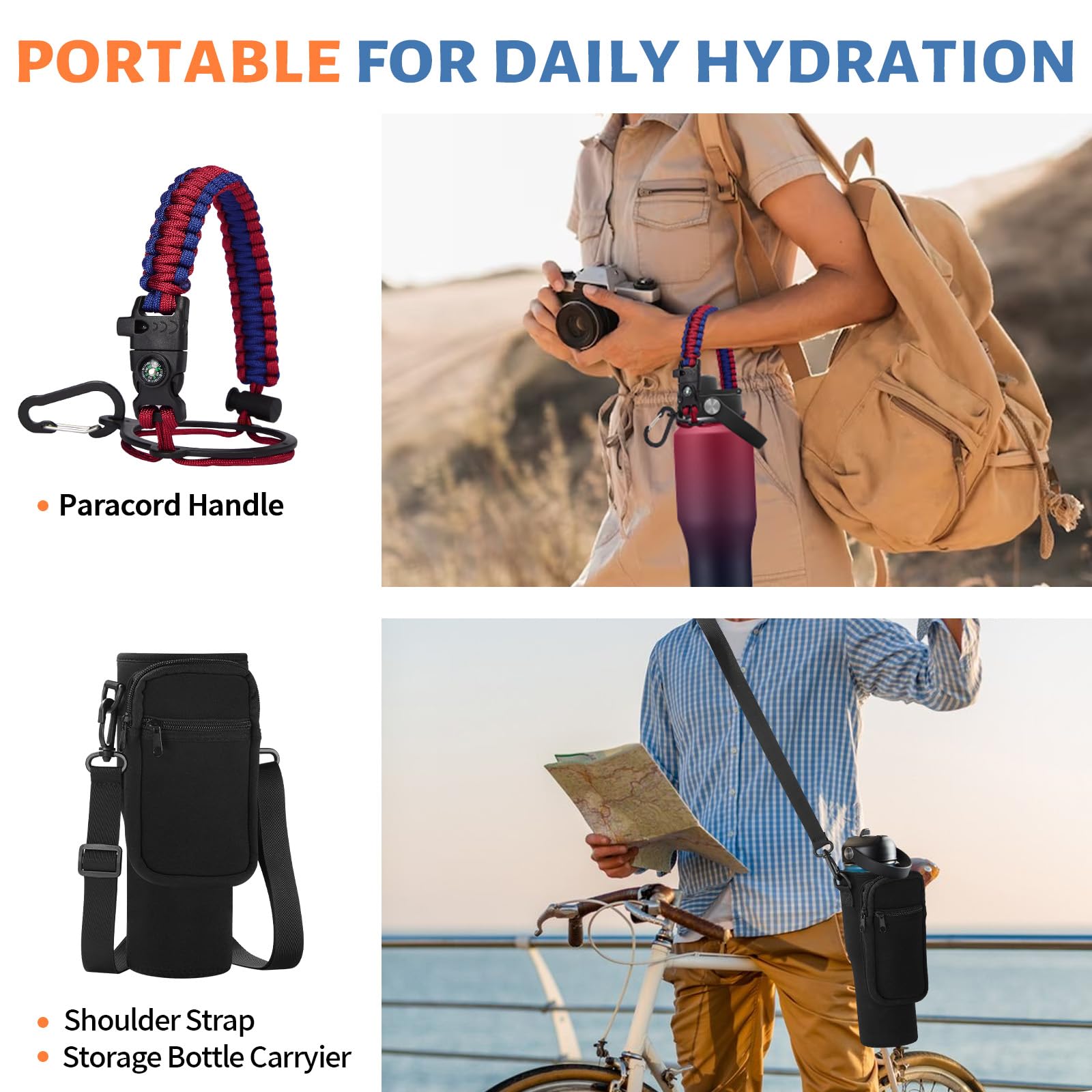 32 Oz Water Bottle Stainless Steel Tumbler - W/Paracord Handle, Straw Lid & Spout Lid & Sling Bag