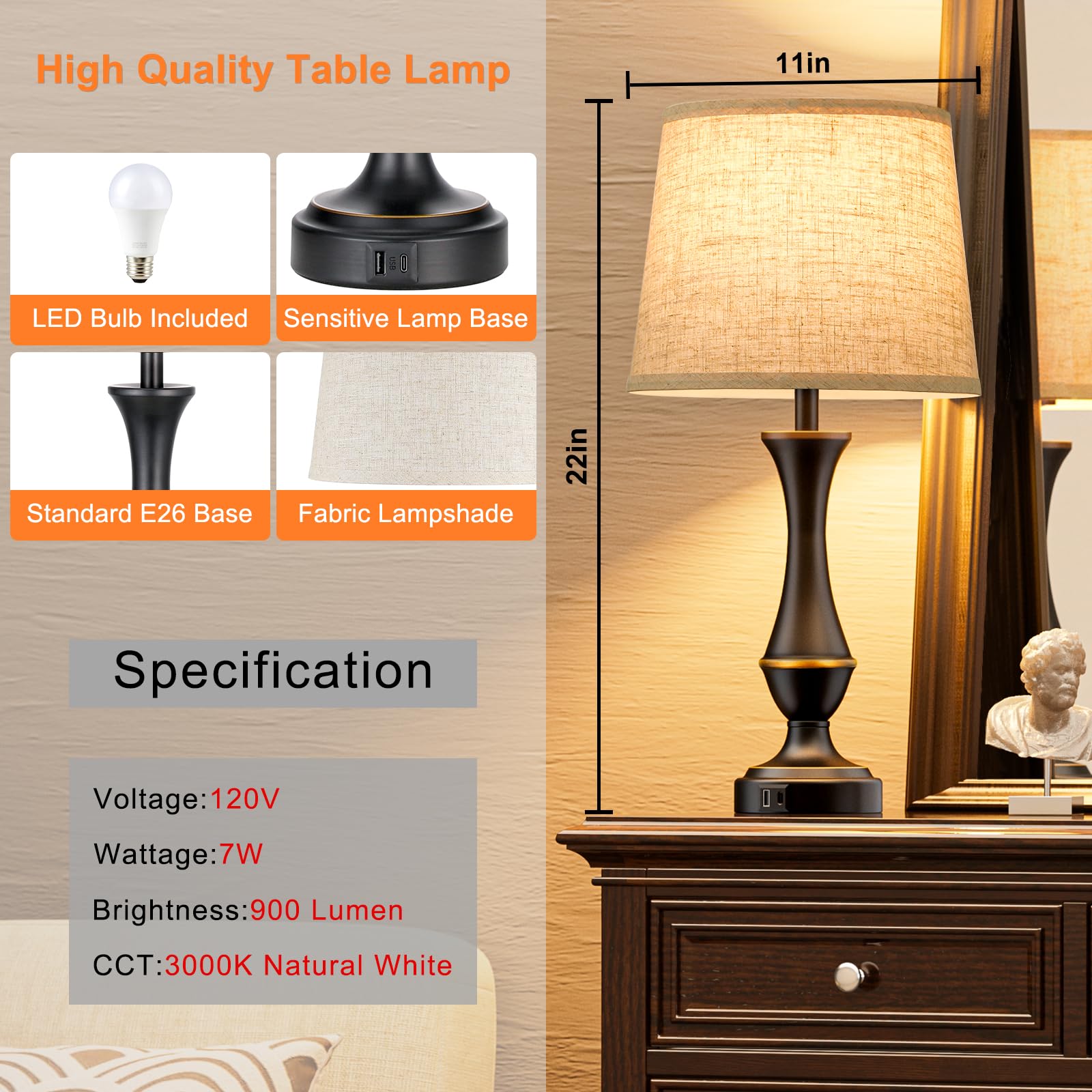 Seealle Touch Lamps For Night Stands Set Of 2 - Bedside Lamps With Usb C+A, 3 Way Dimmable For Bedroom Living Room End Tables Office