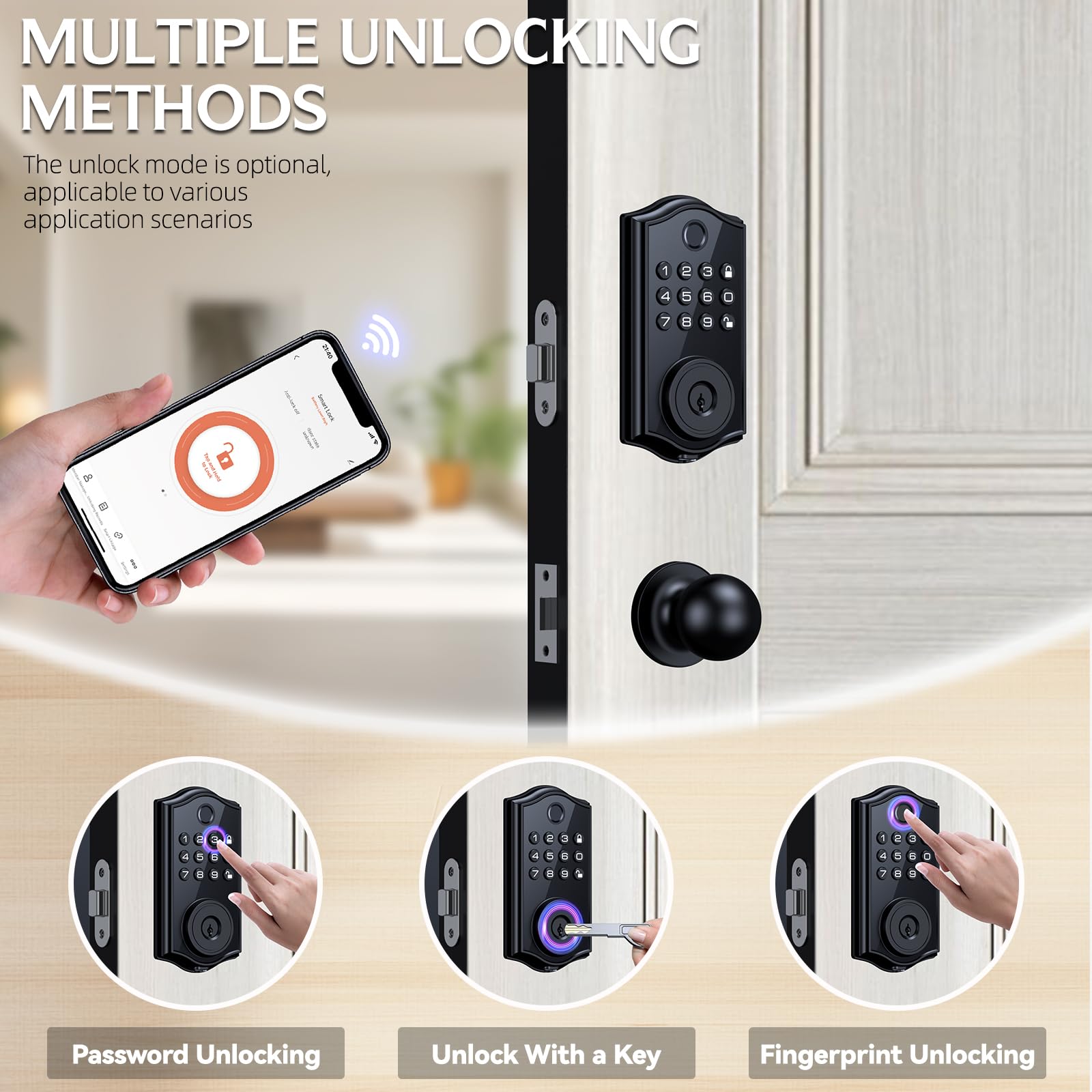 Dhilldsa Smart Locks For Front Door,App Control Keyless Entry Fingerprint Door Lock,Keypad Deadbolt Set With Handle,Easy Installation,Auto-Lock,(Matte Black)