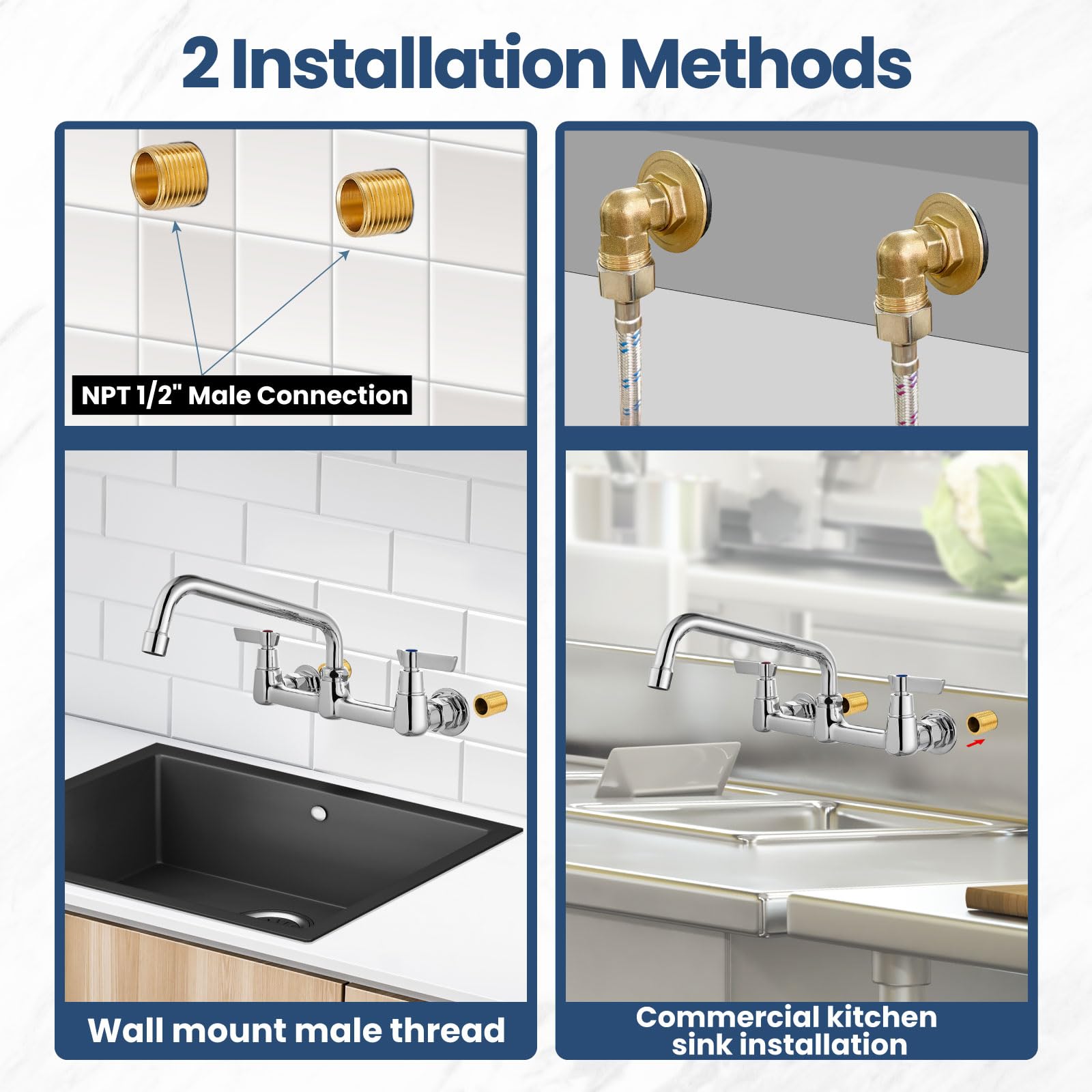 Airuida Wall Mount Utility Kitchen Sink Faucet 2 Handle Wall Mounted Laundry Tap Wall Mounted Sink Faucets 8 Inch Center Commercial Kitchen Faucet Chrome Polish With Adapters 8 Inches Swivel Spout