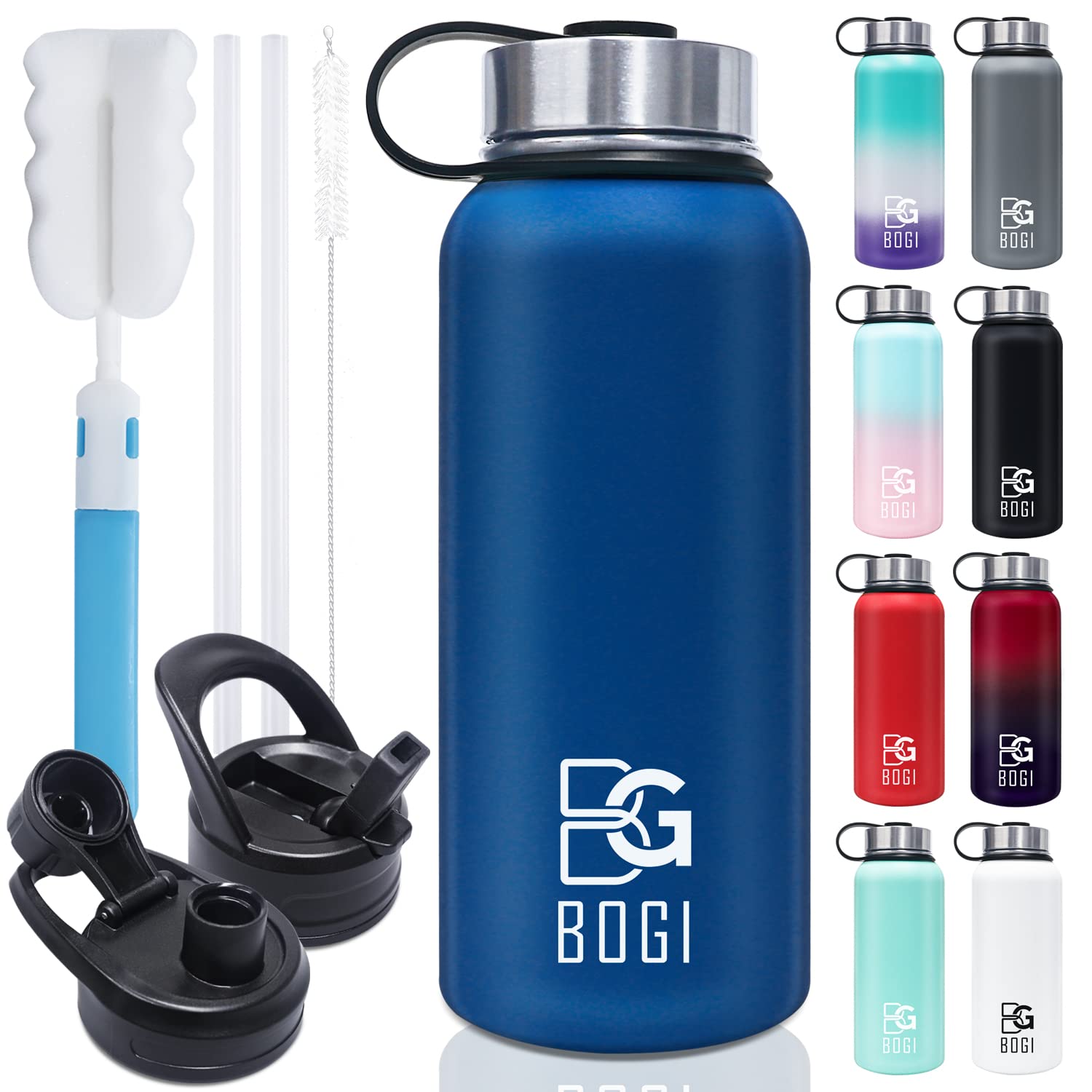 Bogi Insulated Water Bottle 32 Oz, Double Wall Vacuum Stainless Steel Water Bottle With Straw