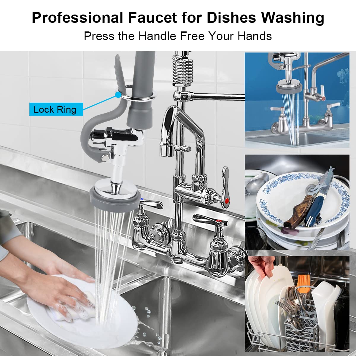 Kanoney Commercial Sink Sprayer With 45" Flexible Stainless Steel Hose, Pre-Rinse Dish Spray Valve Replacement Kit Assembly Sprayer Nozzle Head For Industrial Restaurant Kitchen Faucets, Gray