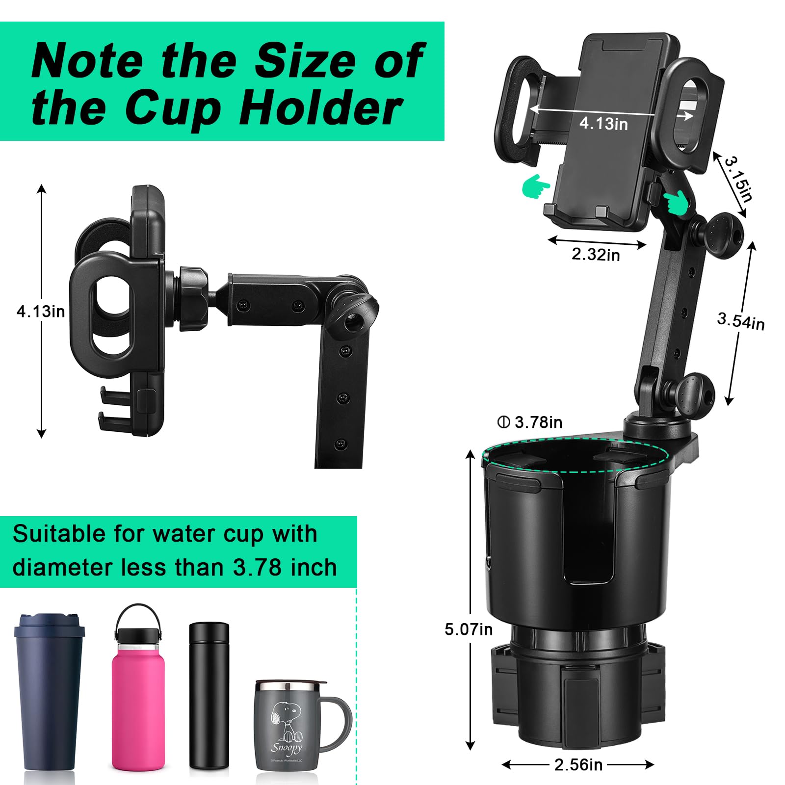 This Hill Car Cup Holder Expander Adjustable Base With Phone Mount 360° Rotation Cup Holder Cell Phone Holder For Car Compatible With Iphone All Smartphones
