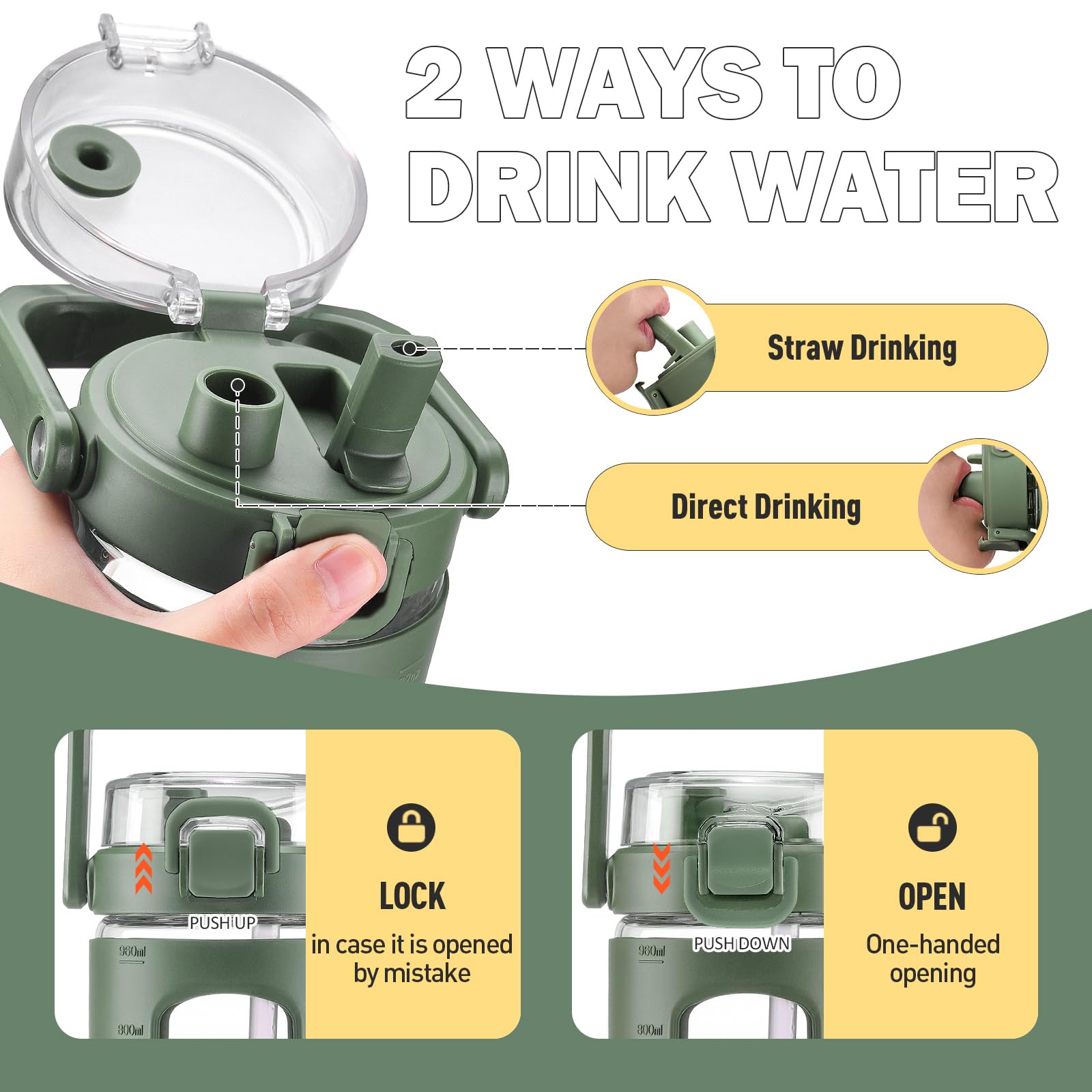 Bluego 32Oz Glass Water Bottle With Handle And StrawLeakproof Sports Glass Bottle With Time Marker