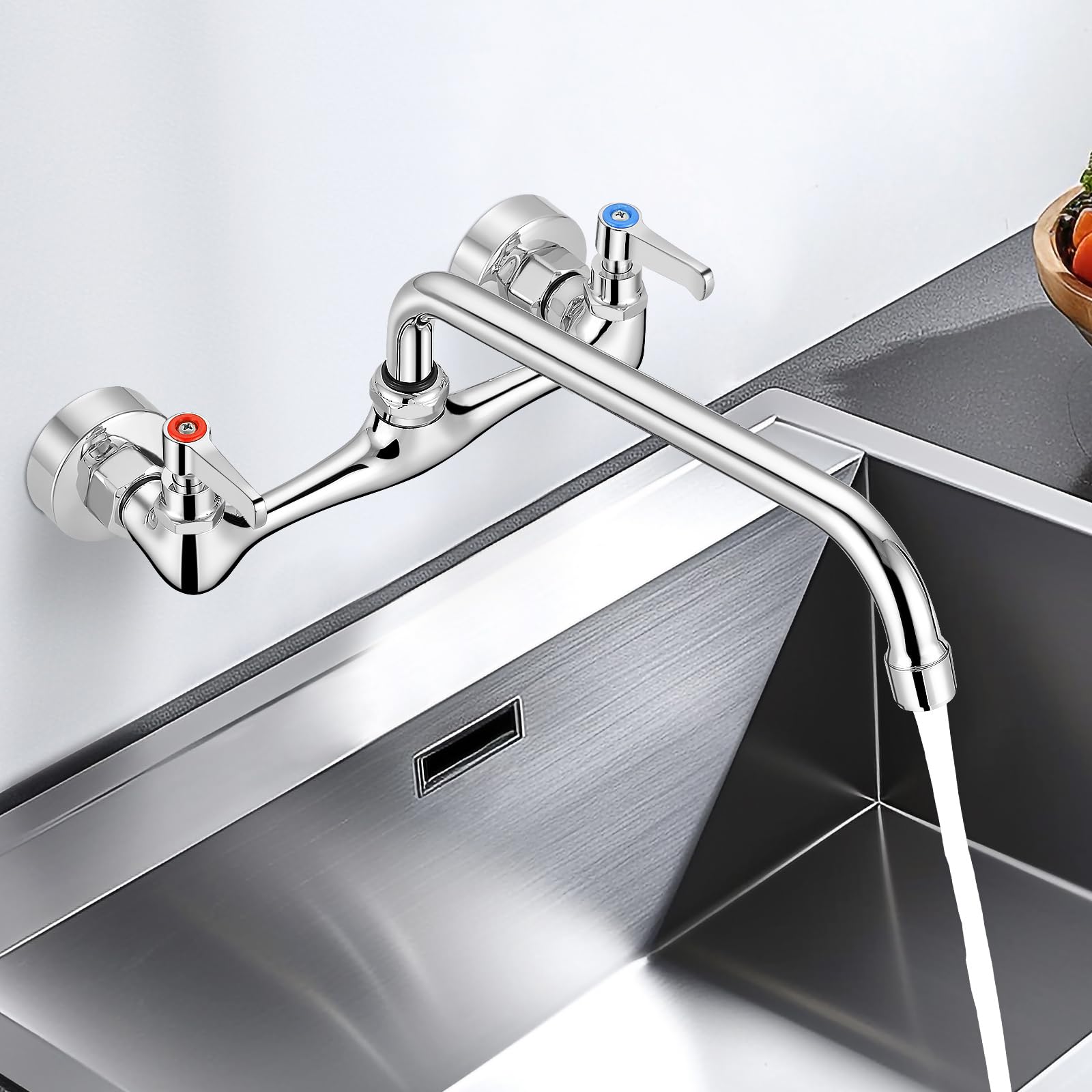 Fgkq Wall Mounted Kitchen Faucets, Kitchen Faucet With 12 Inch Goose Neck, Commercial Kitchen Sink Faucets With 360 Degree Spout, Adjustable Install Distance, Chrome