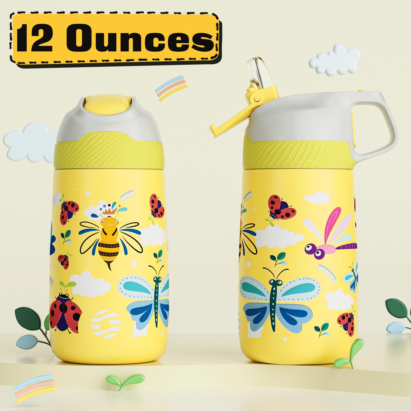 Kids Water Bottle For School, One-Click Open Stainless Steel Insulated Water Bottle With Straw Lid