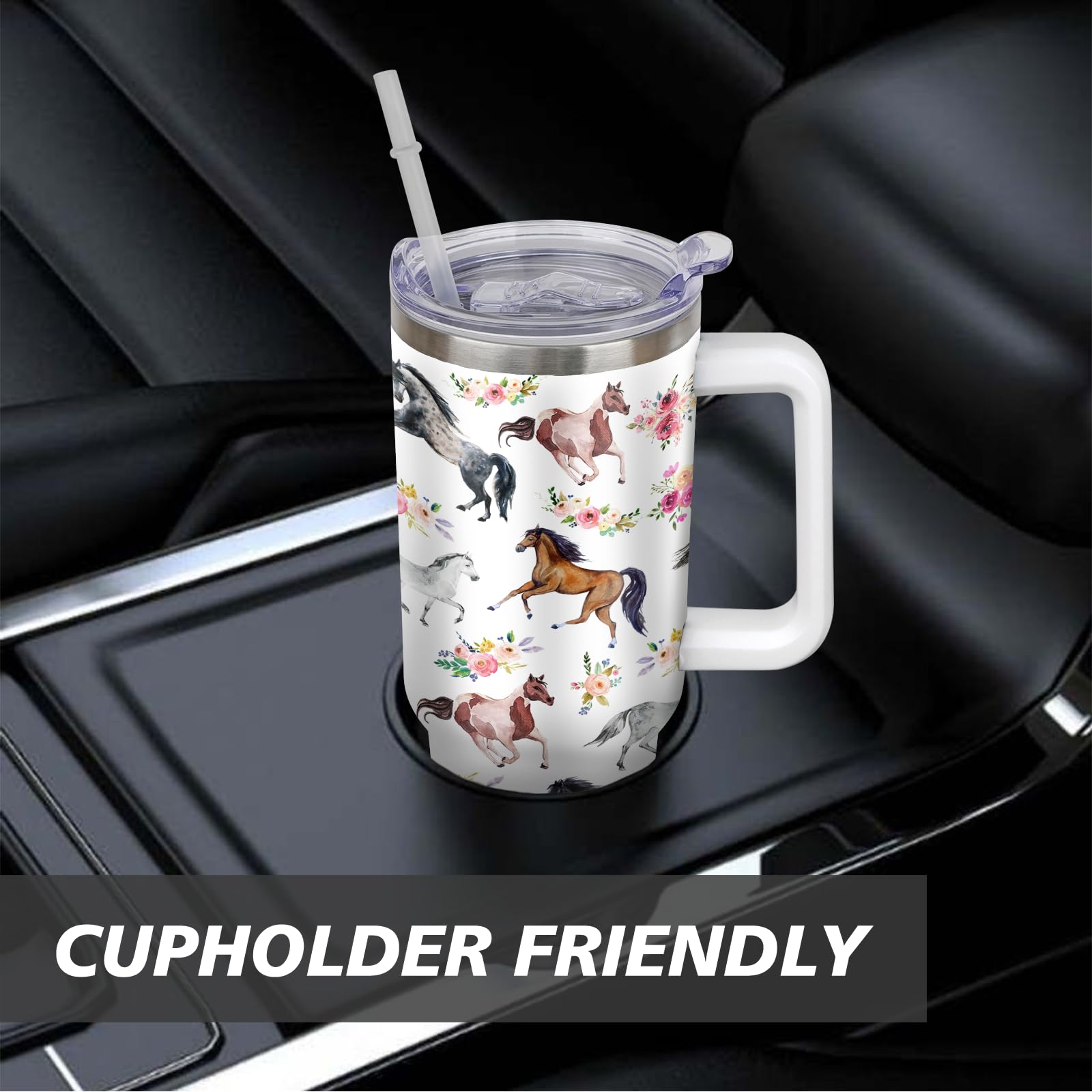 30 Oz Horse Tumbler With Handle And Straw, Floral Stainless Steel Vacuum Insulated Travel Coffee
