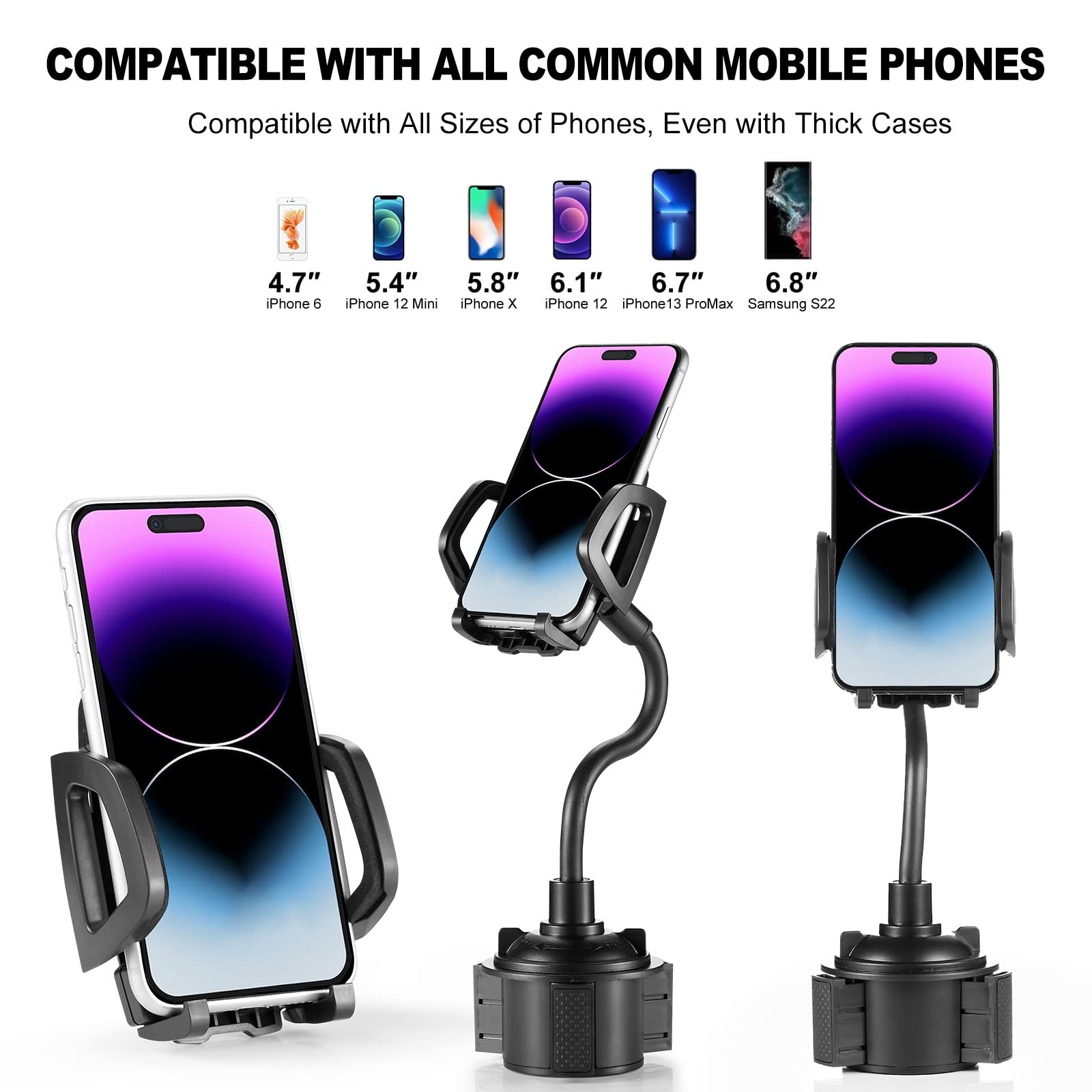 Yuheng Car Cup Holder Phone Mount With 360 Rotation Adjustable Gooseneck, Car Phone Holder For All Smartphones