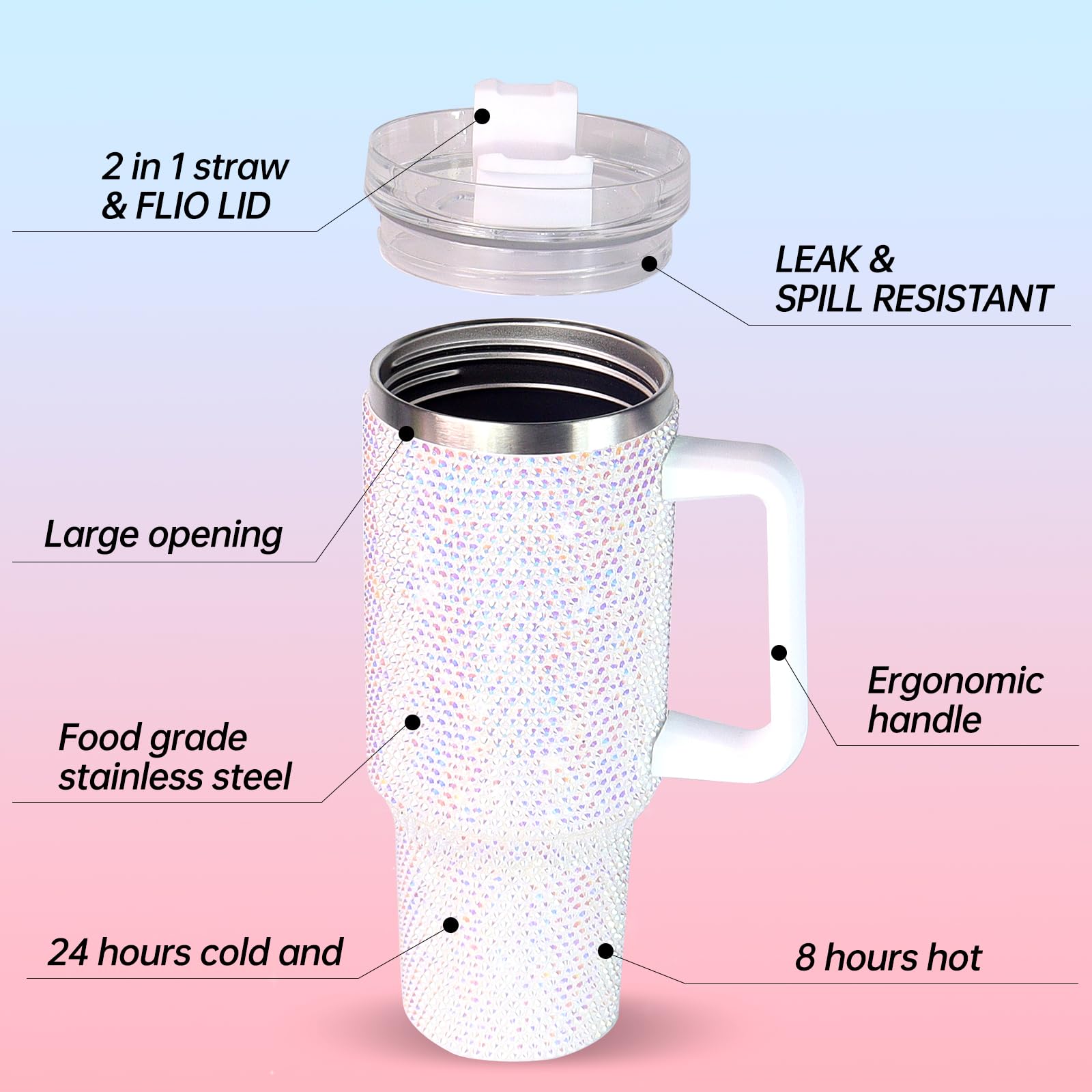 40Oz Bling Tumbler With Handle Studded Rhinestone Tumbler Glitter Cups With Lid Stainless Steel