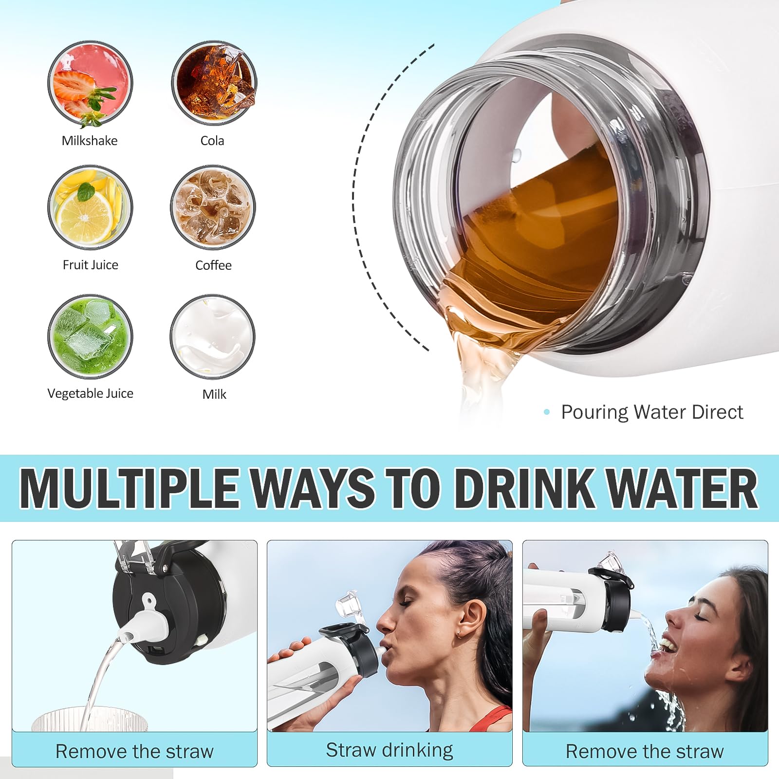 Kodrine Water Bottle With Straw And Carry Handle, Glass Water Bottle 24 Oz Leak Proof Locking Lid