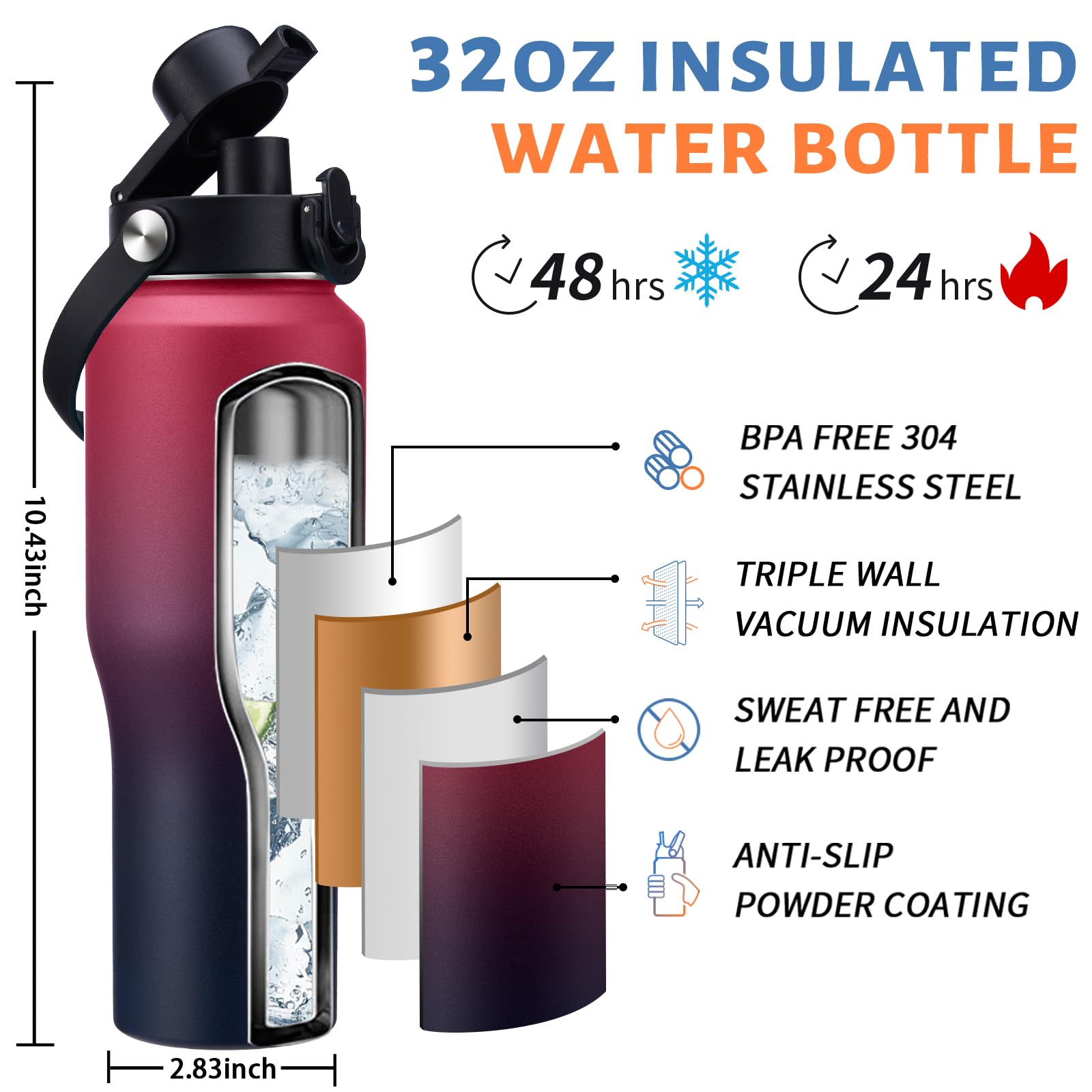 32 Oz Water Bottle Stainless Steel Tumbler - W/Paracord Handle, Straw Lid & Spout Lid & Sling Bag