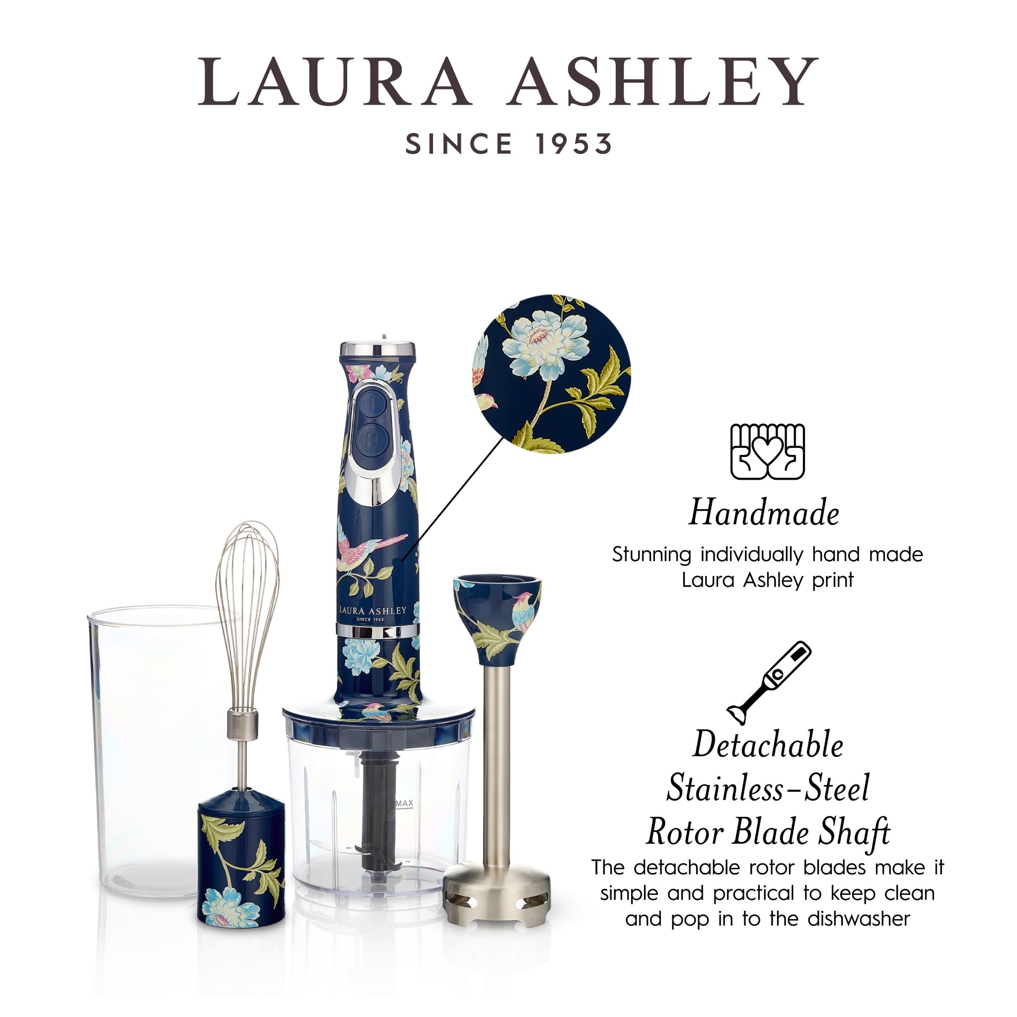 Laura Ashley 150W Immersion Blender Handheld 4 In 1 Electric Hand Blender For Kitchen With Durable Stainless Steel Blades, Whisk & 300Ml Mixing, Pouring Cup 2 Speed Modes Hand Held Stick Blender
