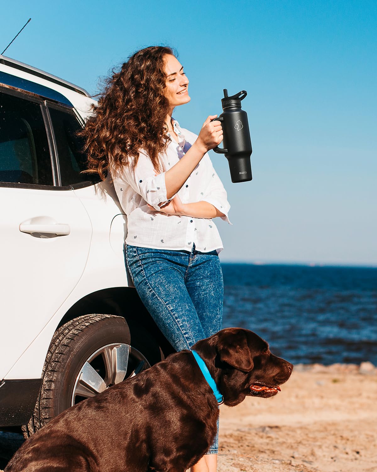 Buzio Insulated Water Bottle With Handle & Flip Straw, 40Oz Metal Travel Tumbler Fits In Cup Holder