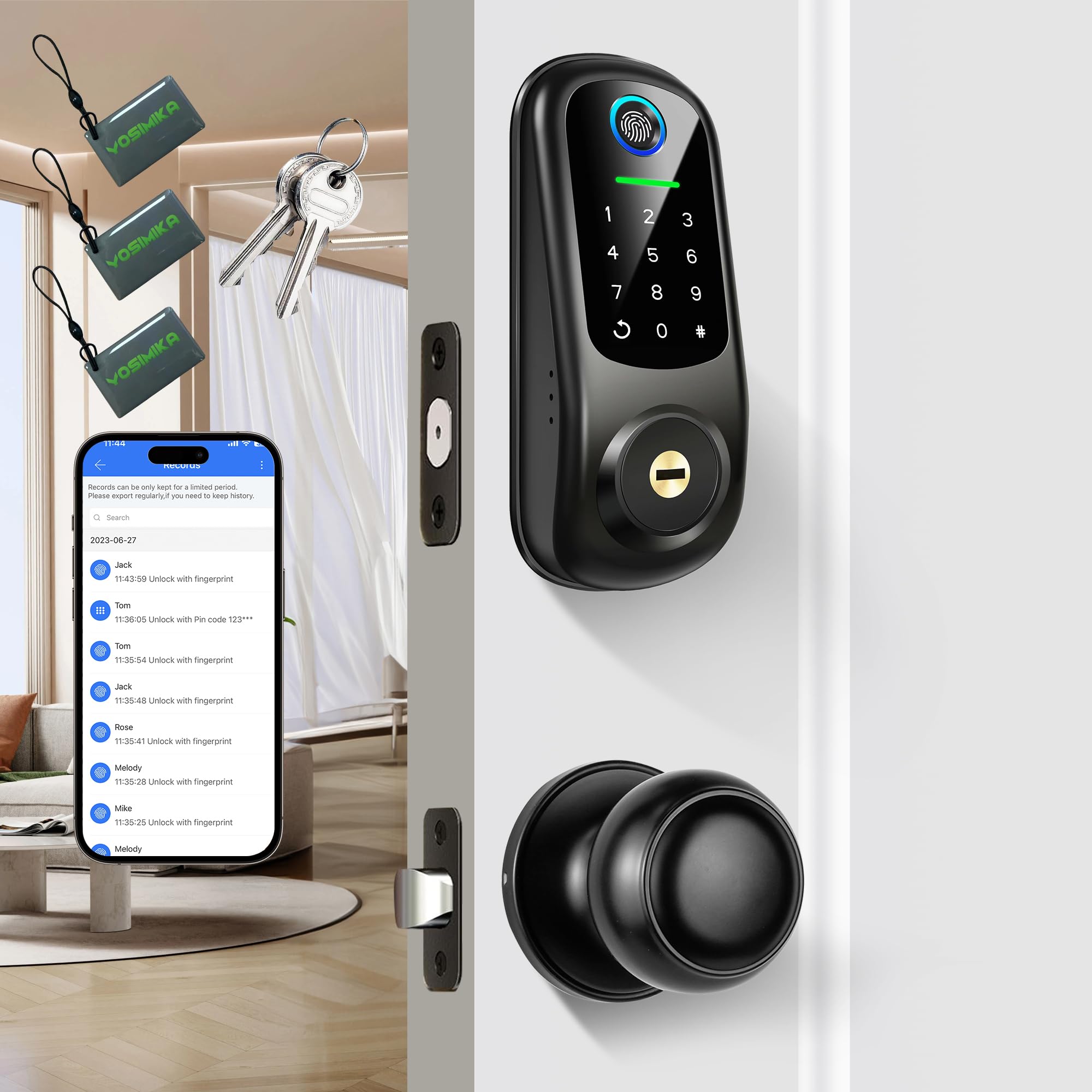 Yosimika Keyless Entry Door Lock With Handle, Fingerprint Deadbolt Door Lock, Smart Door Locks For Front Door, Bluetooth Electronic Digital Keypad Lock, Easy To Install, Black
