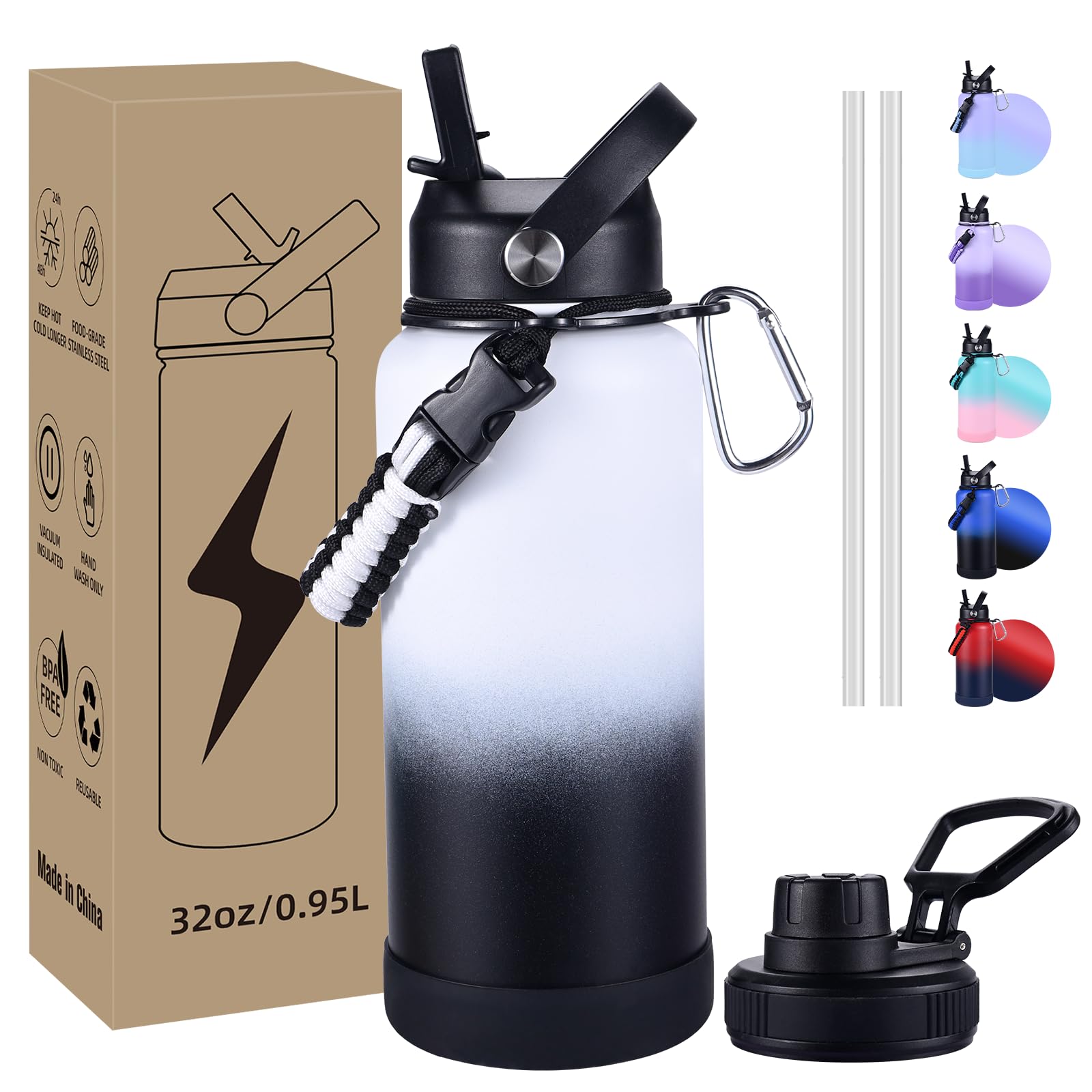 Insulated Water Bottle, 32 Oz Stainless Steel Wide Mouth Water Bottles With 2 Leak Proof Lid
