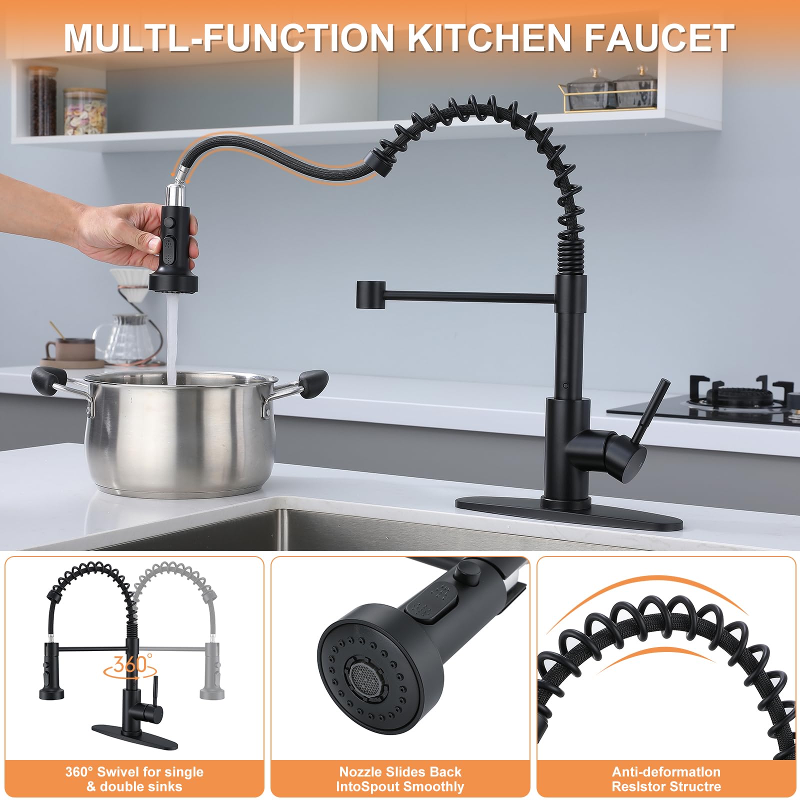 Gcgweqs Black Kitchen Faucet With Pull Down Sprayer, Single Handle Stainless Steel Pull Out Spring Sink Faucets 1 Hole Or 3 Hole Dual Function For Farmhouse Camper Laundry Utility Rv Wet Bar