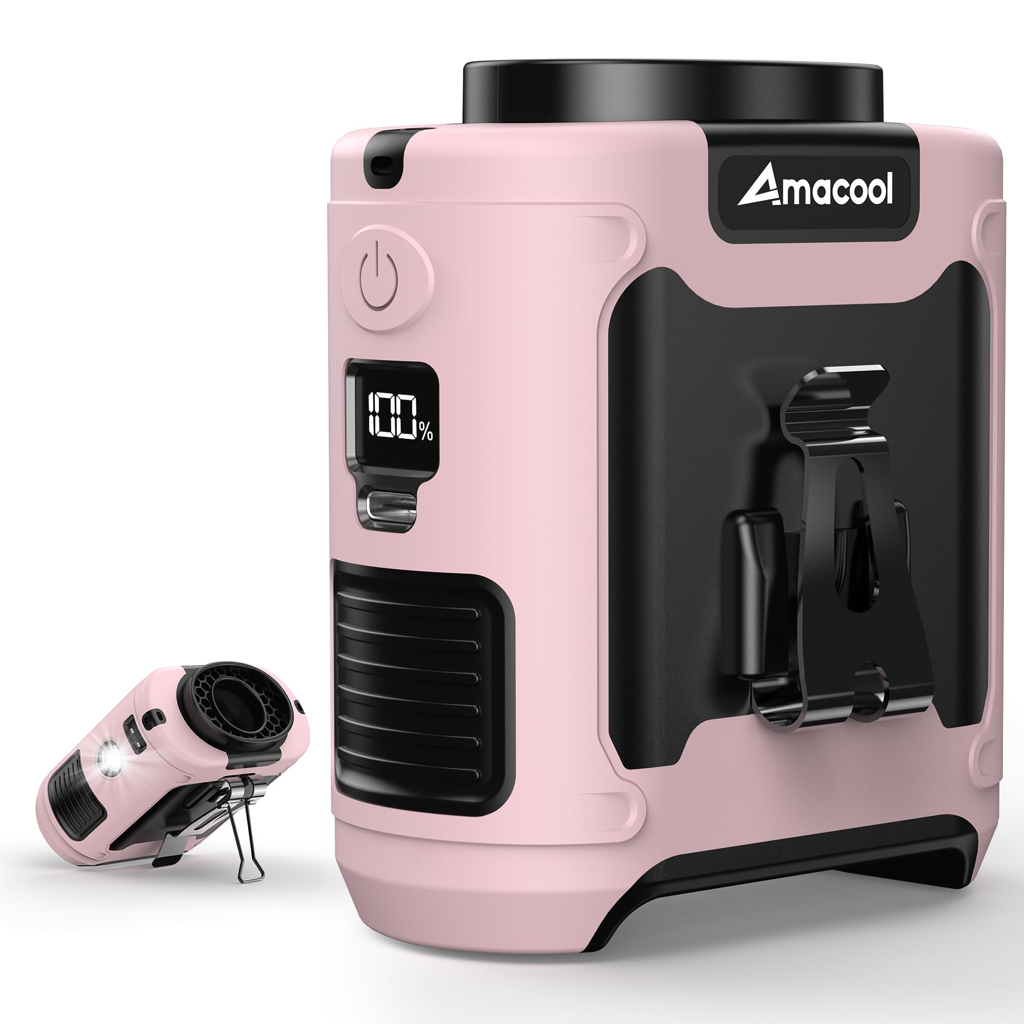 Amacool wearable waist fan with clip-on design, up to 40 hours of work time, and 10000mAh rechargeable battery