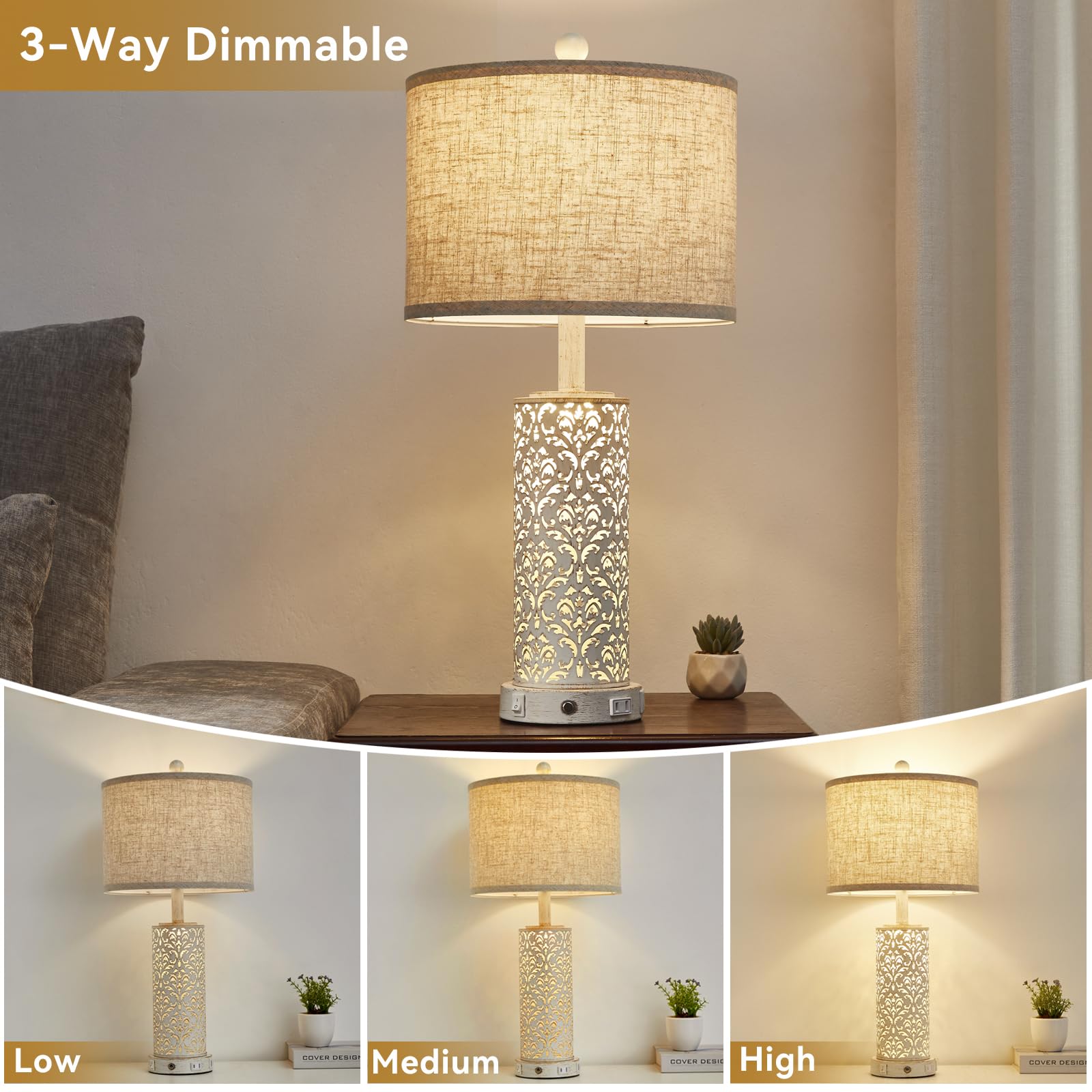 Saiweya 26" Set Of 2 Farmhouse Table Lamp, 3-Way Dimmable Touch Control With Nightlight, 2 Usb Ports + Ac Outlet Vintage Rustic Bedside Lamp For Living Room Bedroom And Nightstand (White-2 Pack)