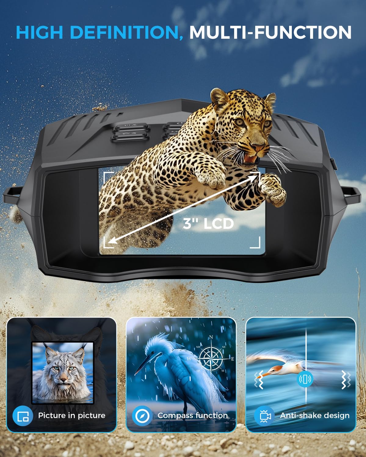 Vtiisamao Night Vision Goggles - 5K Night Vision Binoculars For Adults, 5000Mah Rechargeable Infrared Binoculars With 3'' Large Screen, 10X Digital Zoom External Flashlight For Camping