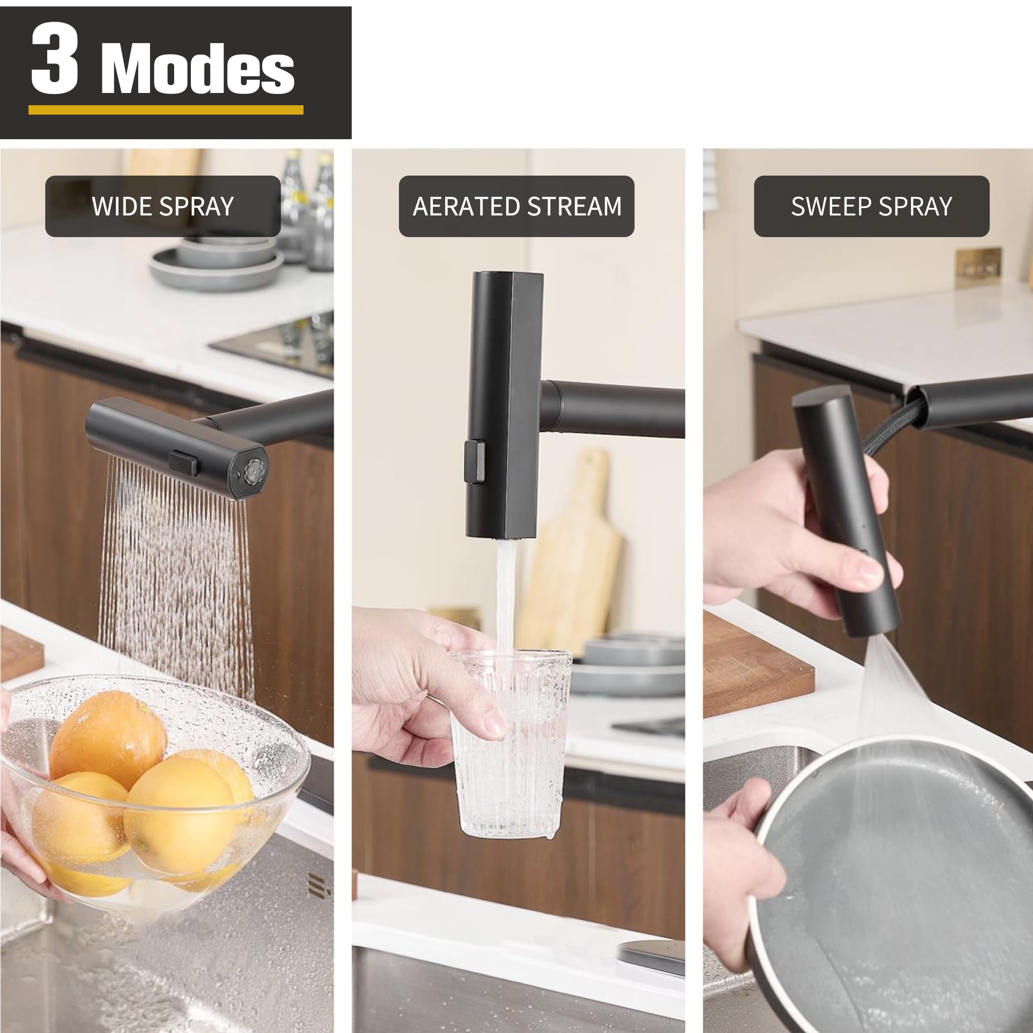Fransiton Waterfall Kitchen Sink Faucet With Pull Down Sprayer, 3 Modes(Sweep/Stream/Waterfall) Rotary Switch Stainless Steel Commercial Modern Faucet For Kitchen Sink Single Handle Black Sink Fuacet